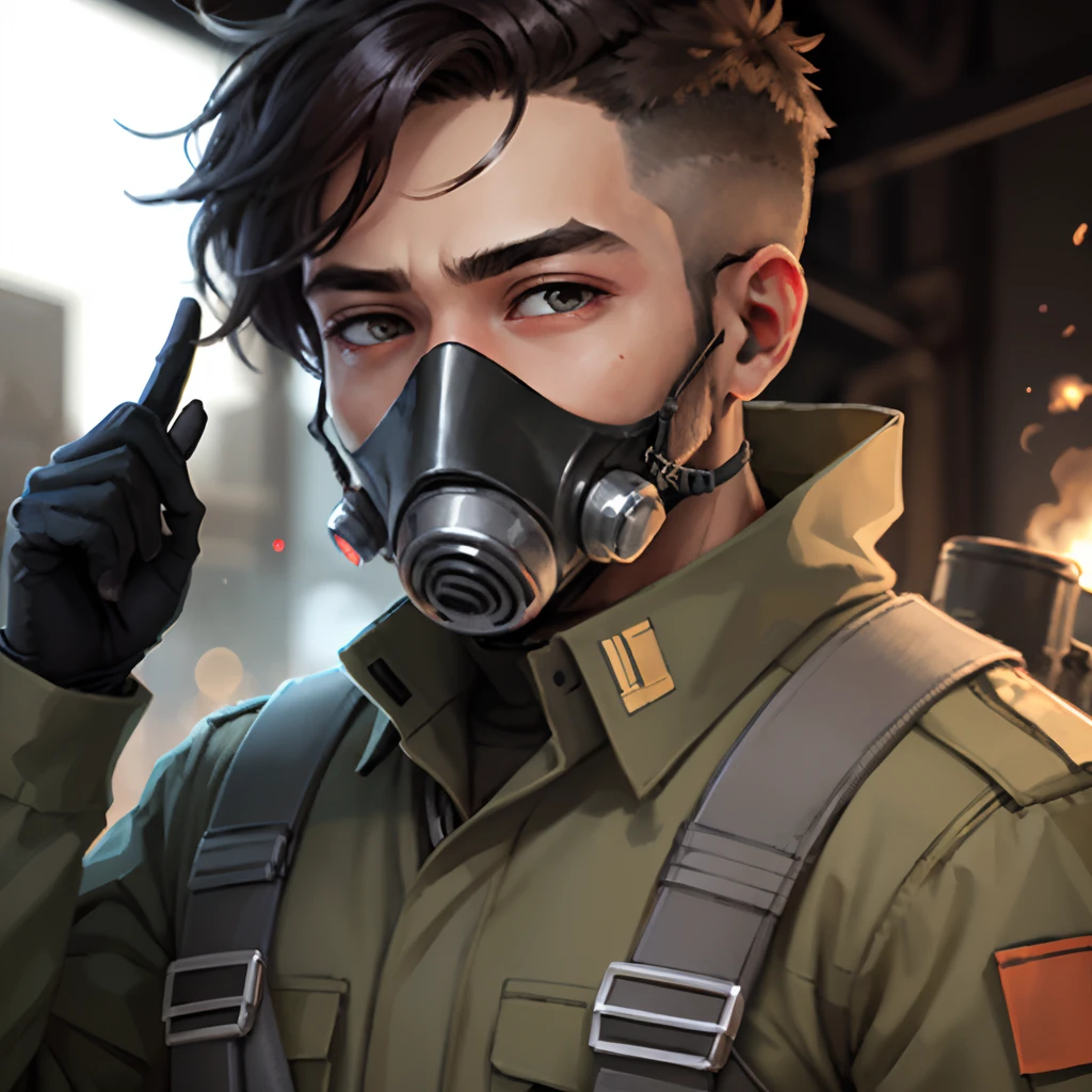 Sci fi cloaked male soldier with a gas mask, make the uniform olive dab.