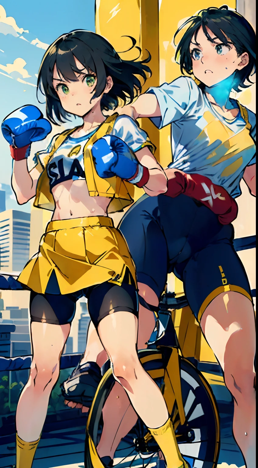 masterpiece, best quality, ultra-detailed, illustration, an extremely delicate and beautiful,high resolution, ultra-detailed,,perfect face,slender perfect body, Tight belly,Toned buttocks,Constricted waist,,1girl,(blue school uniform1.7),(bike shorts under yellow skirt:1.5),(in skyscraper:1.3),,child,(boxing gloves,fighting pose:1.5),(mesh hair:1.2),(very short hair),(anger),(shirt comes off:1.7),(very long hair), shy daughter, short stature,(small breasts),( sweaty skin:1.2),(front view:1.5),(bike shorts),(show off bike shorts),(spread legs),(cameltoe:1.2)