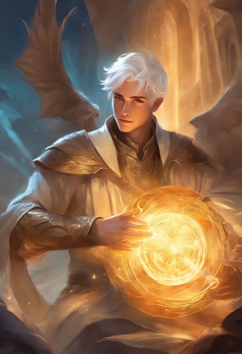 fantasy short white haired cleric, 21 year old, boy, dungeons and dragons style, realistic, light power, 80’s dark fantasy, tired eyes, blue eyes, searing holy light