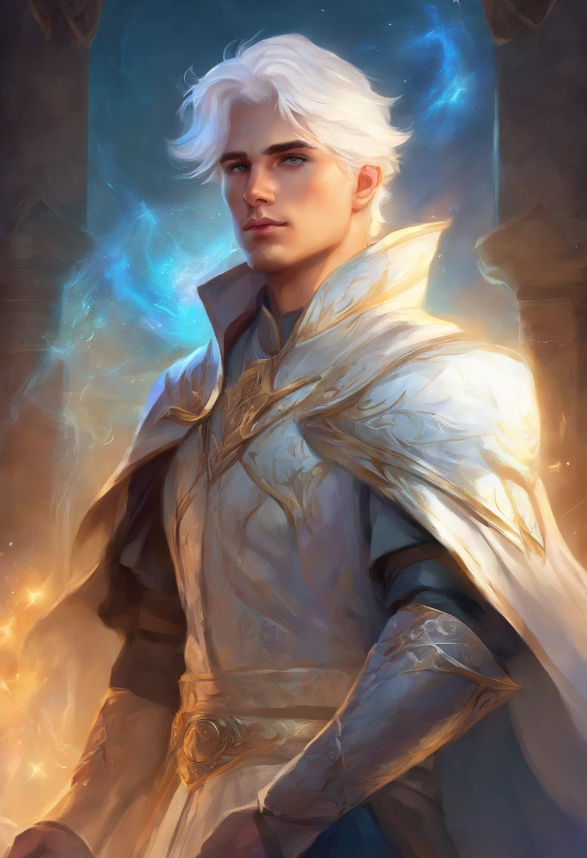 fantasy short white haired cleric, 21 year old, boy, dungeons and dragons style, realistic, light power, 80’s dark fantasy, tired eyes, blue eyes, searing holy light