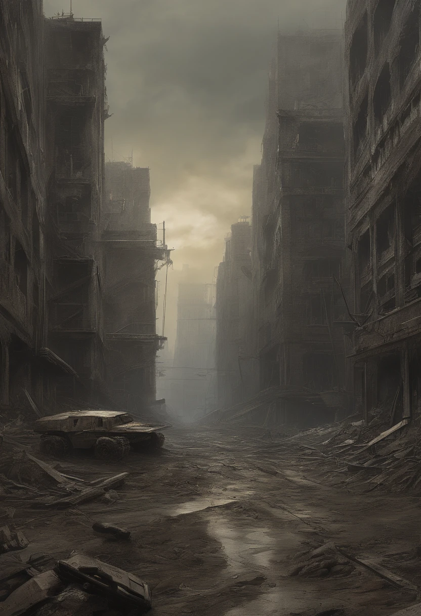 An apocalyptic future world where everything is in ruins, nature has taken over, and there are remnants of advanced technology scattered throughout. The landscape is desolate and barren, with crumbling buildings and overgrown vegetation. The sky is filled with dark storm clouds, giving the scene a sense of impending doom. The atmosphere is thick with dust and debris, creating an eerie and post-apocalyptic feel. The colors are muted and desaturated, emphasizing the bleakness of the environment. The lighting is low and ominous, casting long shadows that add to the overall sense of unease. The remnants of technology are scattered throughout the scene - broken robots, abandoned vehicles, and decaying structures. The details are incredibly detailed and realistic, capturing the intricate textures and imperfections of the objects and surroundings. The artwork is depicted in a gritty, dystopian art style, with a focus on conveying the emotions of the bleak and desolate world.