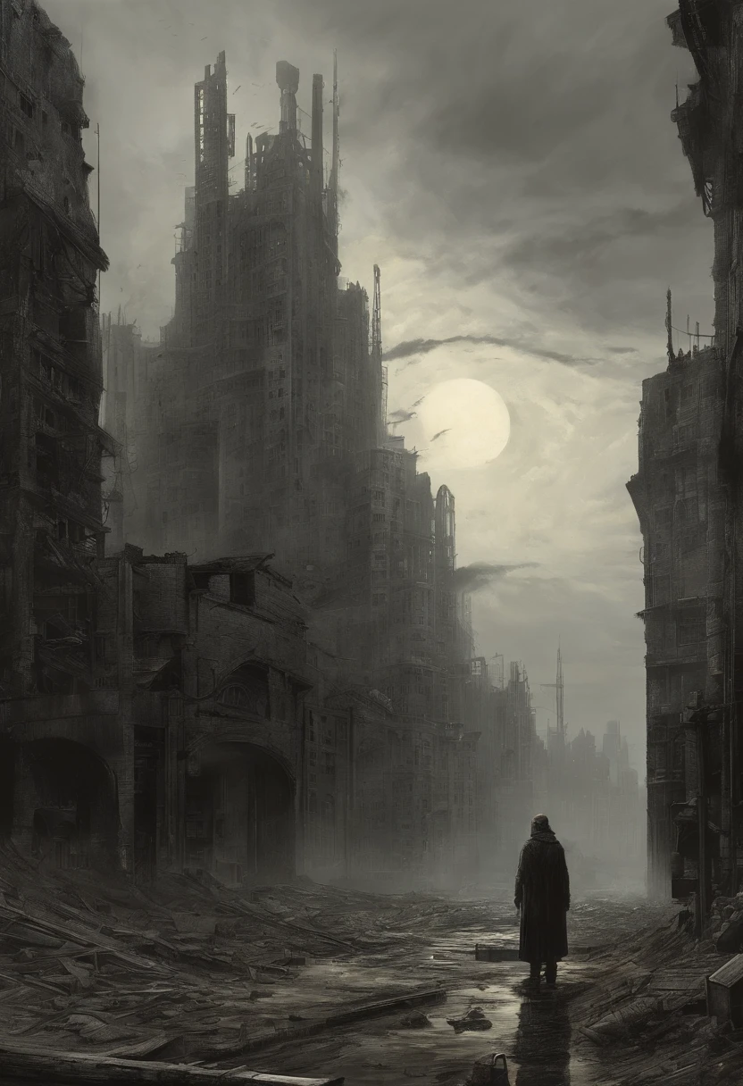 Create dystopian masterpieces,Depict the destroyed futuristic cityscape in a gritty game concept art style. The artwork should evoke a sense of futuristic desolation and despair, post apocalyptic world. Keep an eye on the intricacies of detail, Sharp focus, and a highly detailed description of the ruined city. Take inspiration from the artistic styles of Wayne Barlow and Zdislav Beksiński. Deliver this image in movie view format, Show the bleak beauty of this decaying world.