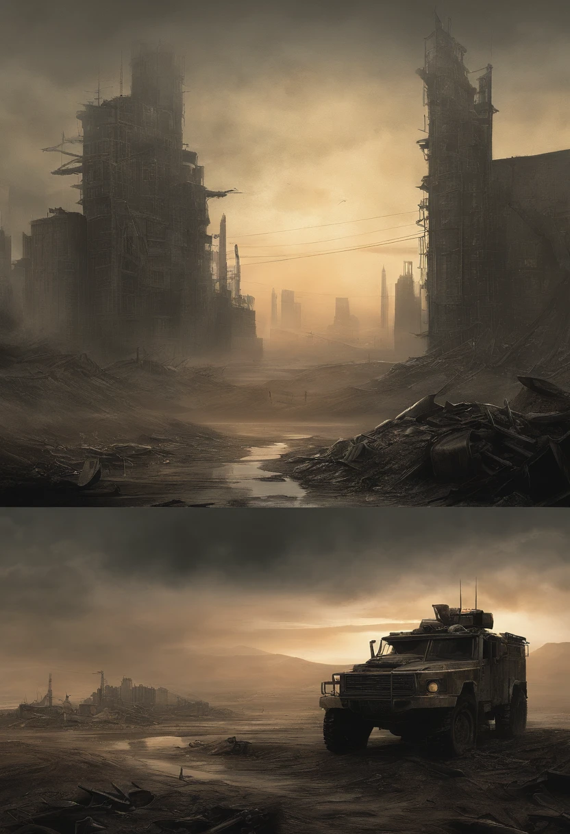 Create dystopian masterpieces，Depict the destroyed futuristic cityscape in a gritty game concept art style. The artwork should evoke a sense of futuristic desolation and despair, post apocalyptic world. Keep an eye on the intricacies of detail, Sharp focus, and a highly detailed description of the ruined city. Take inspiration from the artistic styles of Wayne Barlow and Zdislav Beksiński. Deliver this image in movie view format, Show the bleak beauty of this decaying world.