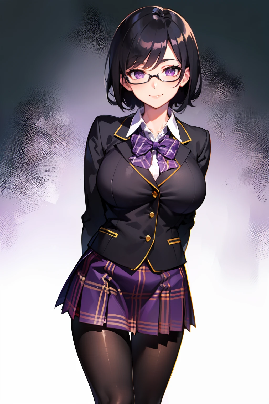 (masterpiece), best quality, perfect anatomy, nice hands, perfect hands, 1girl, (solo:1.5), (glasses, semi-rimless eyewear:1.2), (black hair, short hair:1.3), (smile, purple eyes:1.3), (breasts, large breasts:1.3), (pantyhose, skirt, plaid skirt, school uniform, black legwear:1.3), (looking at viewer, arms behind back:1.2)