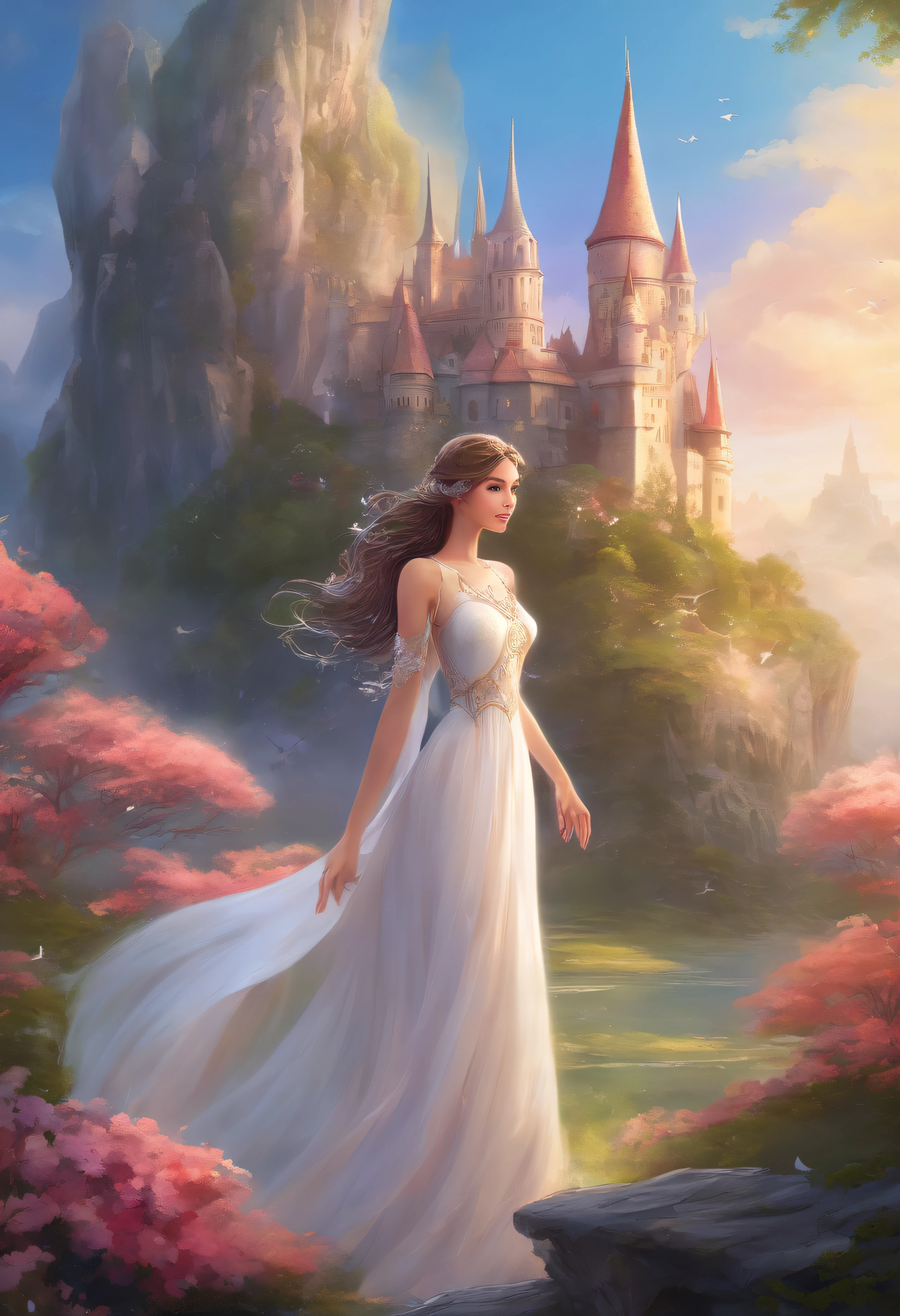 Woman in white dress standing in front of castle, in style of disney animation, very magical and dreamy, beautiful anime scene, The most beautiful scenes, Great Great Composition, in white clouds fairyland, anime barbie in white, lost in a dreamy fairy landscape, A paradise like a fairyland, Beautiful and aesthetic, anime beautiful peace scene, magical flowers
