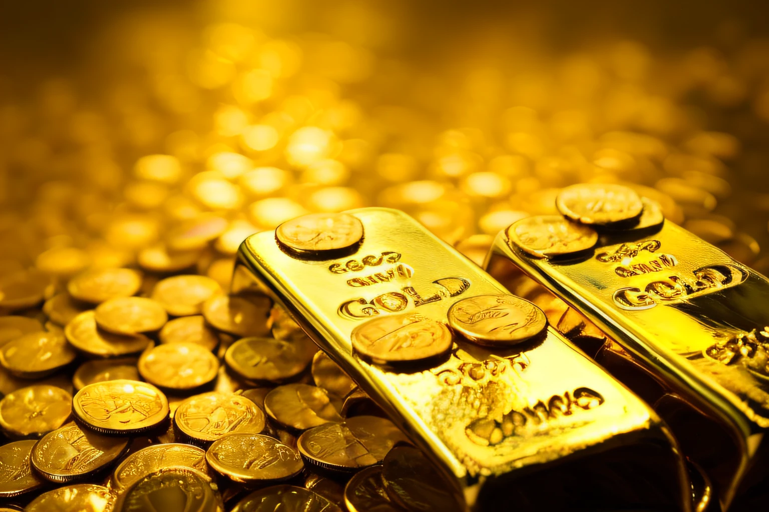 There are two gold bars and some coins on a table, ouro e tesouro, no fundo do ouro, metais de ouro, tem ouro, gold encrustations, gold and silver and brass, pairando sobre uma horda de ouro, com muitas moedas de ouro, moedas de ouro, ouro e prata, segurando ouro, parcialmente ouro, dourado com ouro, metais preciosos