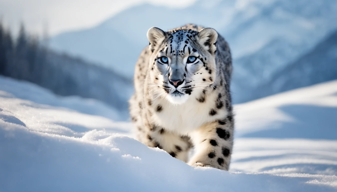 Posters for scientific research journals, Protect the earth's ecology, White snow-capped mountains, Nature views, A cute little snow leopard frolicks in the snow, snowflakes falling, blue open sky, atmosphric perspective, mystical forest, 超高分辨率, Attention to detail