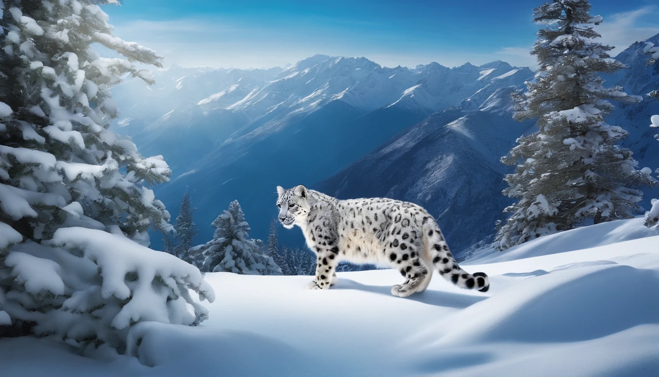 Posters for scientific research journals, Protect the earth's ecology, White snow-capped mountains, Nature views, A cute little snow leopard frolicks in the snow, snowflakes falling, blue open sky, atmosphric perspective, mystical forest, 超高分辨率, Attention to detail