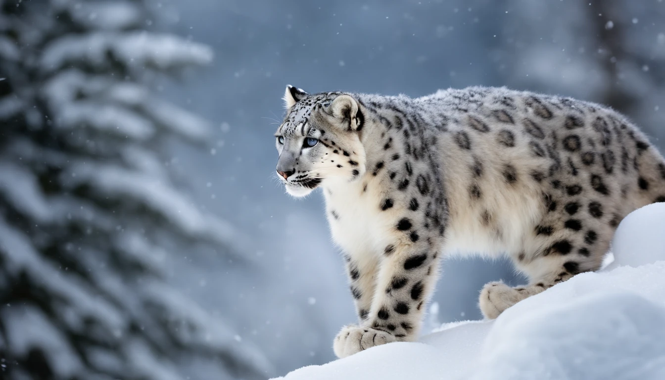 Posters for scientific research journals, Protect the earth's ecology, White snow-capped mountains, Nature views, A cute little snow leopard frolicks in the snow, snowflakes falling, blue open sky, atmosphric perspective, mystical forest, 超高分辨率, Attention to detail