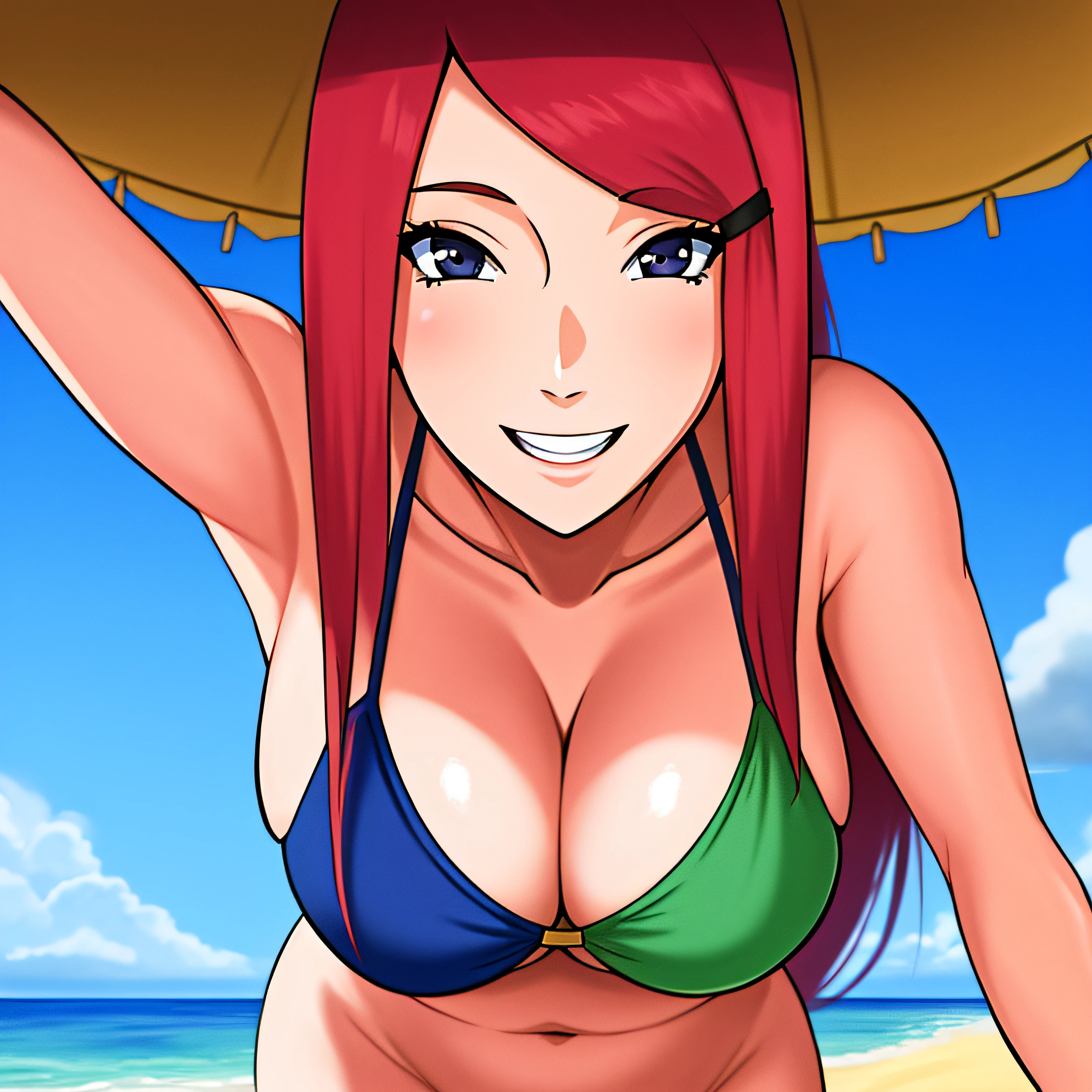 uzumaki_kushina, large_breasts, standing, solo, kushina_bikini, masterpiece, best quality, detailed face, detailed eyes, highres, smile, happy, beach, point of view,