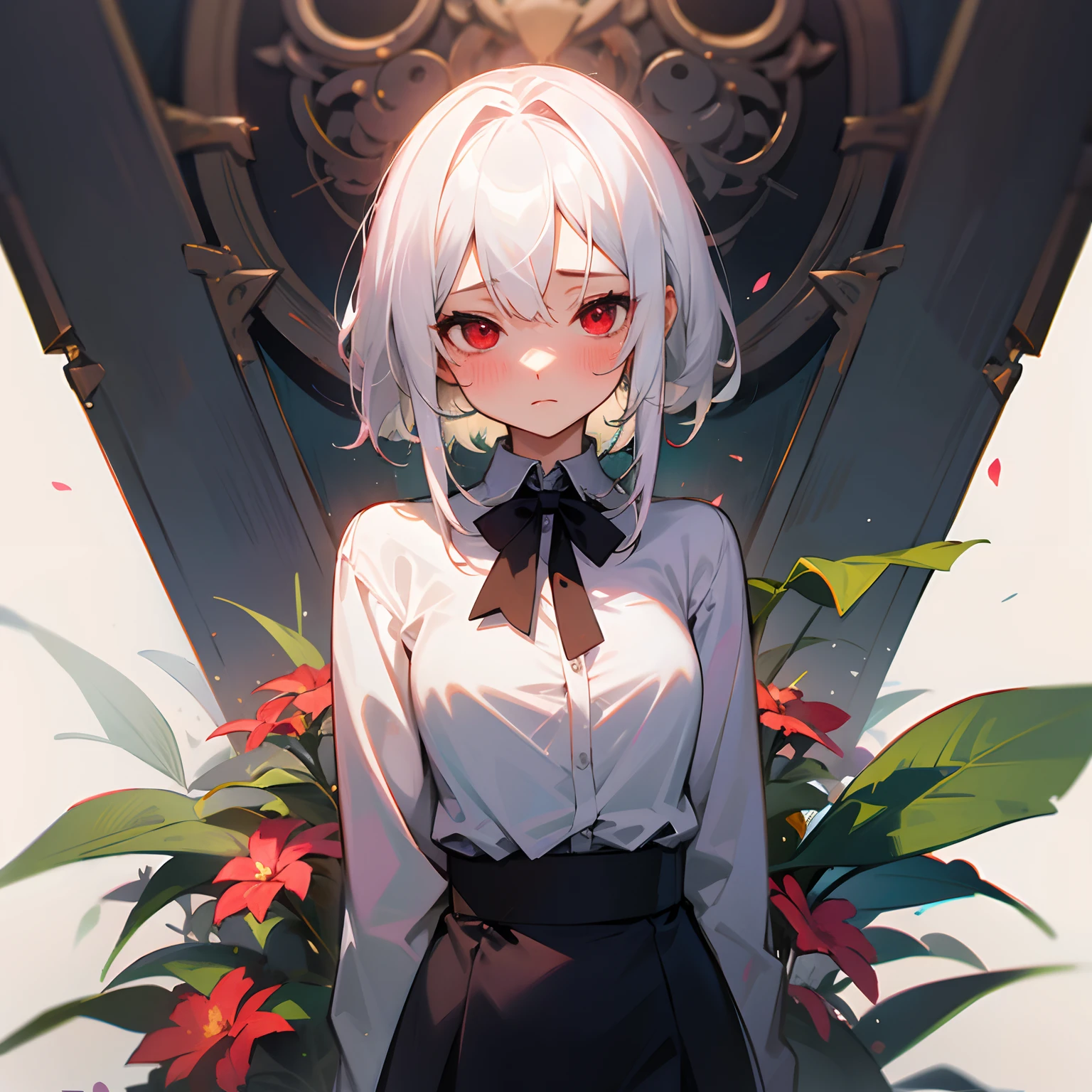 1 girl, white hair, red eyes, blush BREAK Exhibiotinism, button up, breasts, Thights, BREAK Flower garden, sky