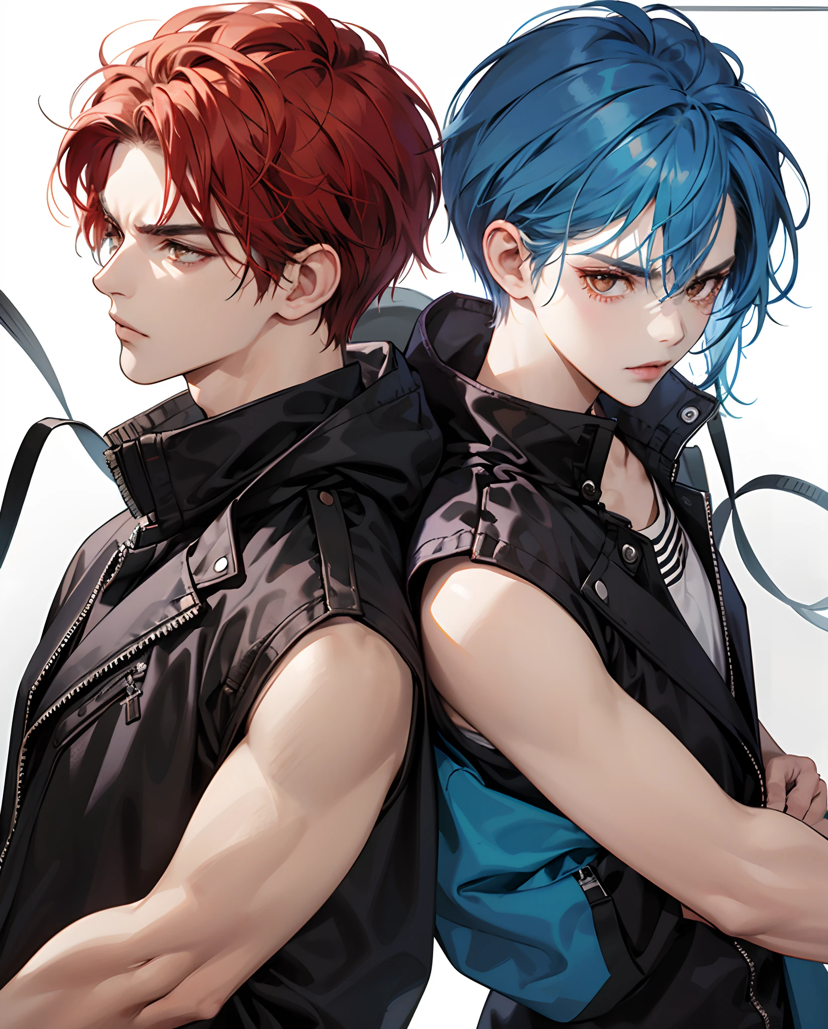 A soft girl with blue hair and brown eyes with a mean looking guy with red hair and an angry look on his face. They are both a little close together.