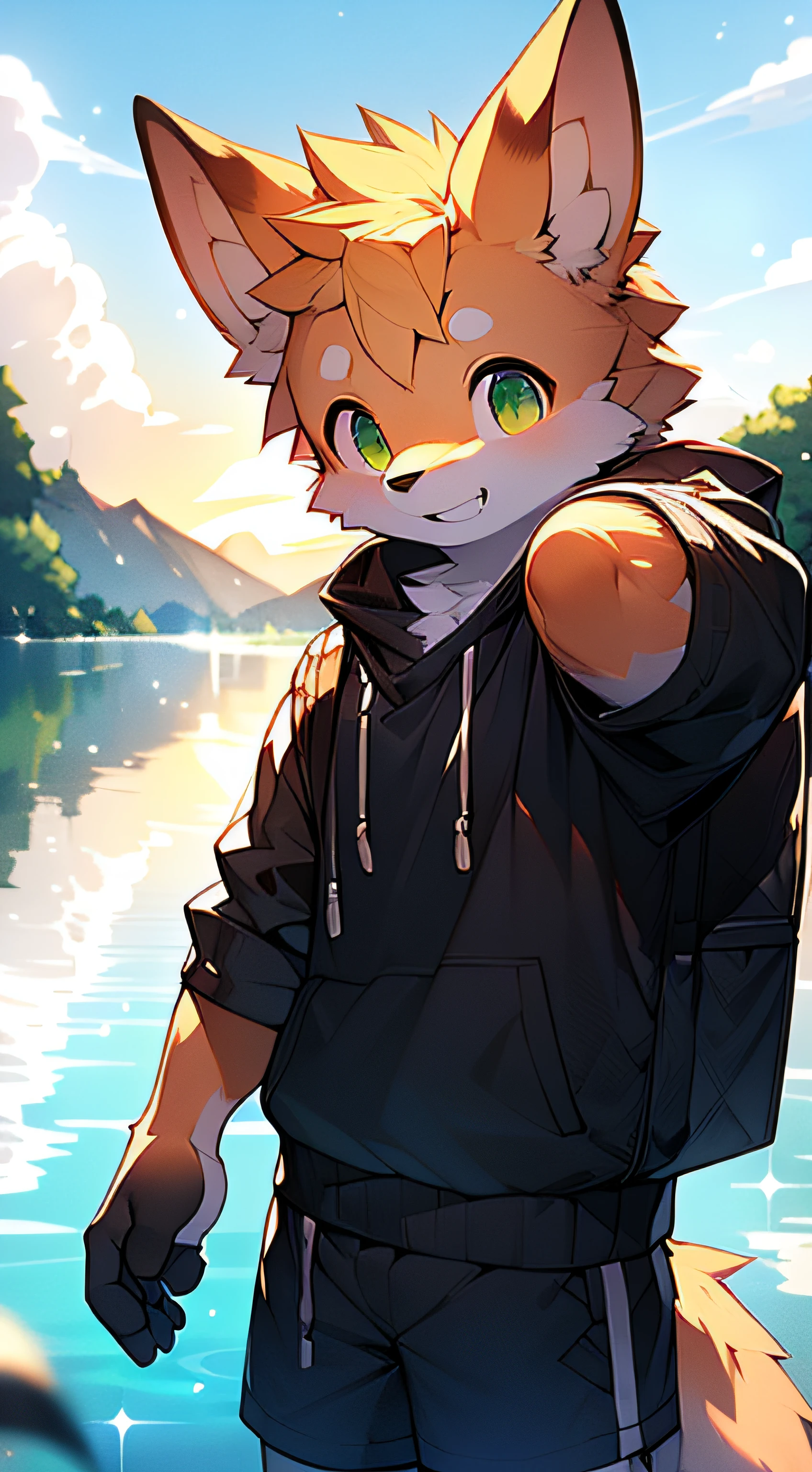 shaggy,Doggy,tiny ears,Black and yellow hair,(juvenile sense:2),Strong pectoral muscles,Slightly exposed abs,Youth body type,Hefty Smile,(Toothy smile:1.2),Shining eyes,Yellow-green eyes,Handsome face,The five features are distinct,Separate hands and legs,The fingers correspond to the anatomy,Separate fingers
Natural style,outside,mountains surrounding,Late afternoon,Orange sunset,The light from the back window is backlighted,(Lake surface:1.5),clear blue skies,reflection on the lake,White clouds,The sun sets on the lake
Bare upper body,Sports shorts
lively,having fun
(Cinematic lighting), ((Detailed background)), (Heads-up:1.5),(symetrical composition:1.5),(half body shadow),Delicate muscle lines
Ultra-detailed,Colored digital line art,Photorealistic,(Flat color:1.2),thick outline,(limited palette:1.1),Game CG,(Photorealistic:1.2),(Masterpiece,Best quality,Great,Highly detailed CG unity 8k wallpaper,Super fine illustration:1.2),extremely detaile,voluminetric lighting,Best shadows,(Depth of field,Particles of Light,Cinematic lighting:1.1),wind lift,speed-line,offcial art.
vivd colour,High contrast,Photography ,(Realistic:1.2),(hi,It's nothing,absurd res:1.2),Perfect anatomy,Anatomically correct,Detailed,Detailed face,Detailed eyes,(Realistic fur,Detailed fur:1.25),Detailed background,amazing background.