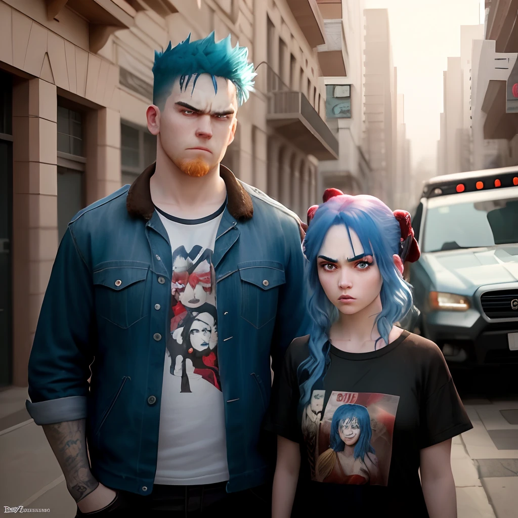 A girl with blue hair and big brown eyes standing very close to a big mean looking red haired guy who has an angry expression on his face.