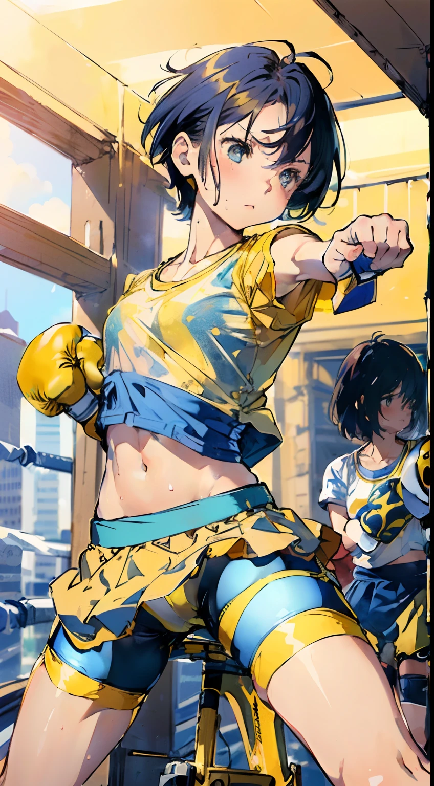 masterpiece, best quality, ultra-detailed, illustration, an extremely delicate and beautiful,high resolution, ultra-detailed,,perfect face,slender perfect body, Tight belly,Toned buttocks,Constricted waist,,1girl,(blue school uniform1.7),(bike shorts under yellow skirt:1.5),(in skyscraper:1.3),10yo,child,(boxing gloves,fighting pose:1.5),(mesh hair:1.2),(very short hair),(anger),(shirt comes off:1.7),(very long hair), shy daughter, short stature,(small breasts),( sweaty skin:1.2),(front view:1.5),(white bike shorts),(show off bike shorts:1.2),(spread legs:1.2),(cameltoe:1.2)