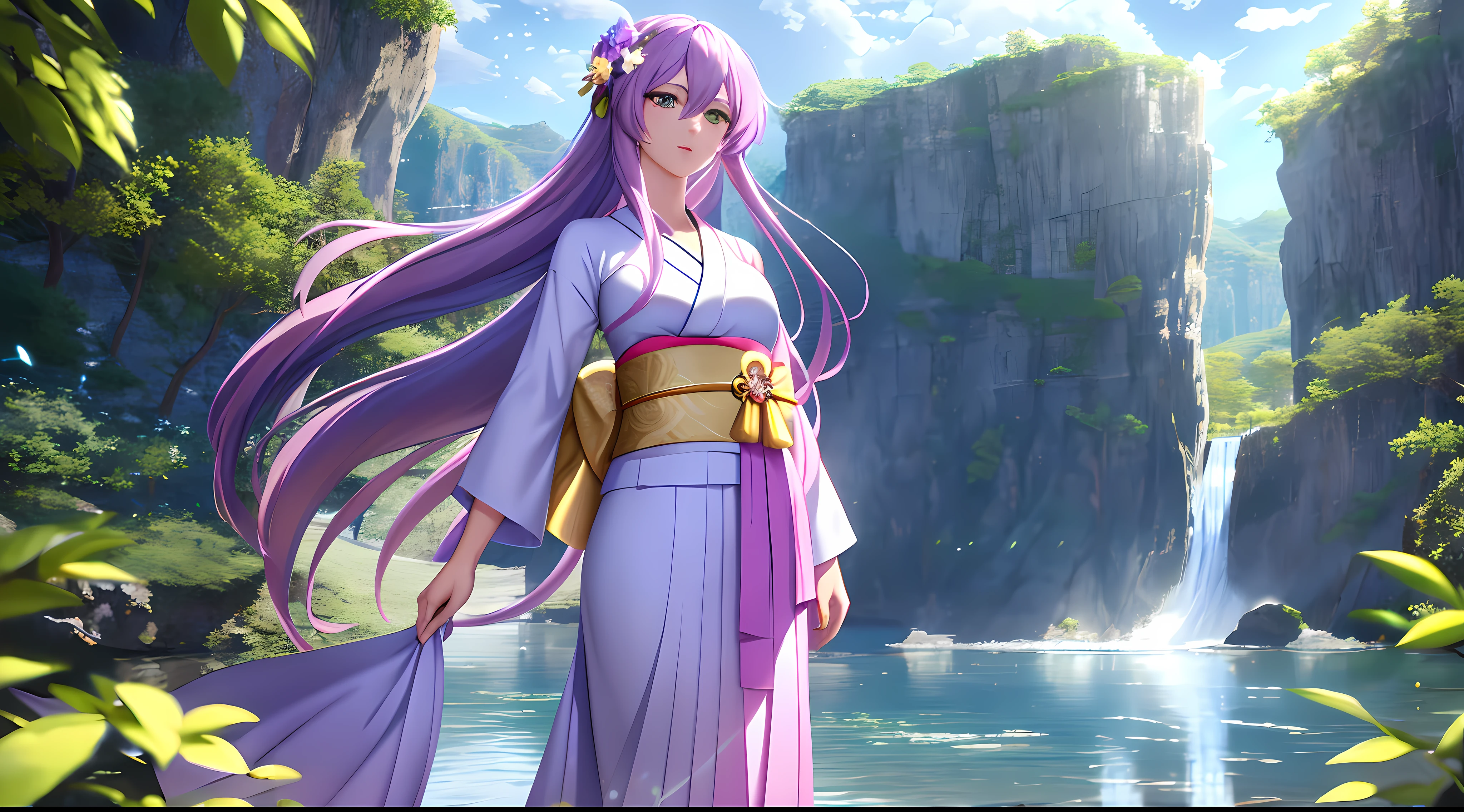 Athena with plain long light purple hair,hair between eyes,green eyes,rosy cheeks,full lips,thin eyebrows,slender body,wearing flowers kimono and full long skirt,cute anime girl,full body,ice cave river in background,anime style,Lumen Reflections,Screen Space Reflections,Diffraction Grading,Chromatic Aberration,GB Displacement,Scan Lines,Ray Traced,Anti-Aliasing,FXAA,TXAA,RTX,SSAO,Shaders,OpenGL-Shaders, GLSL-Shaders,Post Processing,Post-Production,cell Shading,Tone Mapping,CGI,VFX,SFX,insanely detailed and intricate, 4K,standing, solo, masterpiece, best quality, detailed face, detailed eyes, highres, standing, solo,masterpiece, best quality