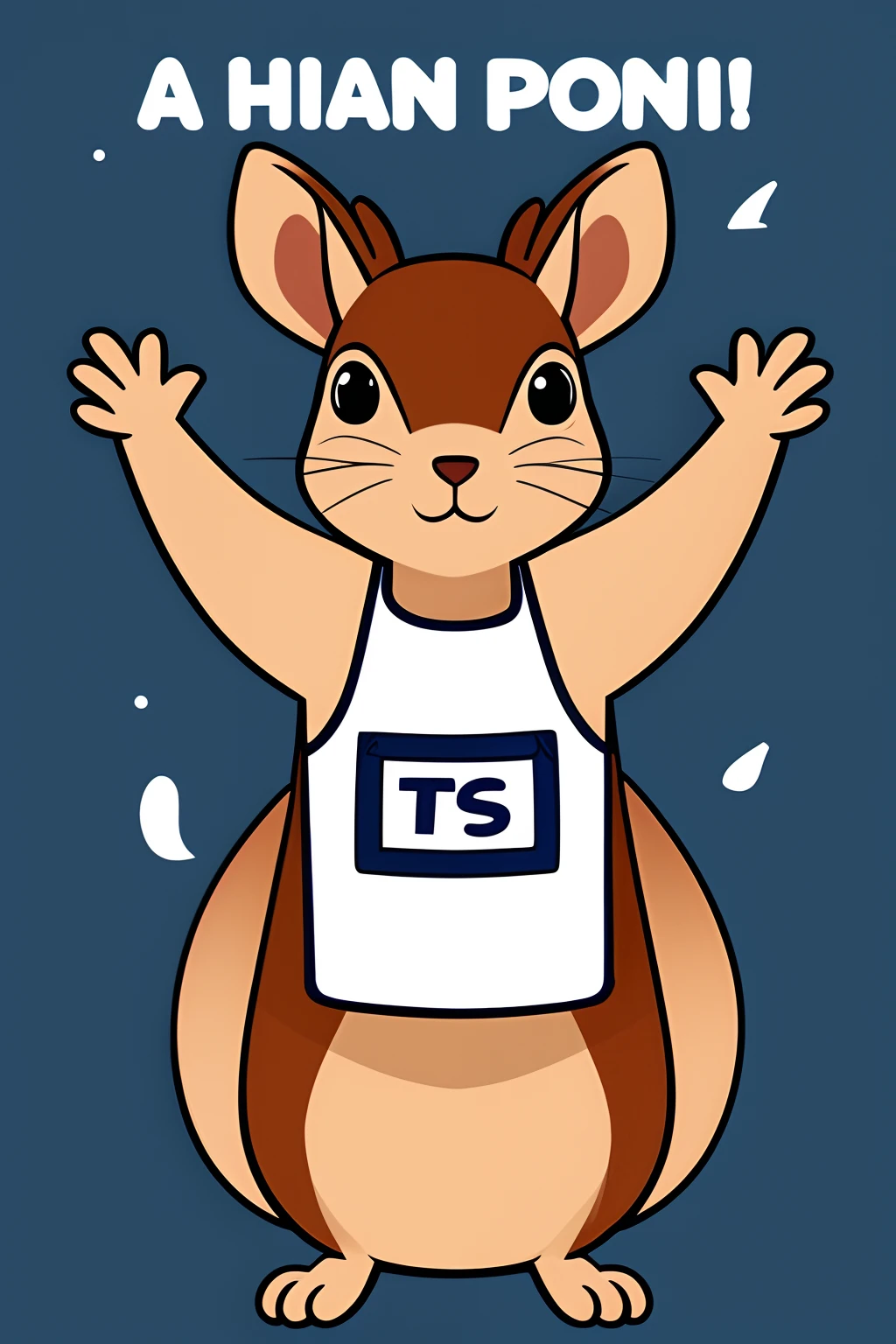 Draw an illustration of a squirrel wearing a T-shirt with bibs on it and hands raised to the finish line.