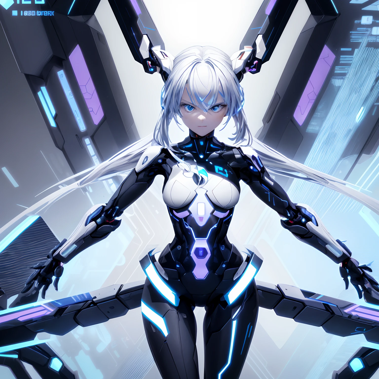 The logo features a stylized cyber waifu figure with smooth, modern lines. She is shown standing with an elegant posture and leaning slightly forward. Her hair flows in a digital waterfall with gradient colors ranging from light blue at the tips to a deep purple hue at the roots. His eyes are bright and futuristic, with a cybernetic glow to them. On his chest, right above his heart, is a small icon representing a gear, symbolizing the "machine" in "Stupid Machine". This gear is minimalist and in silver tones. The typography "Stupid Machine" is written below the figure in a modern, stylized font. The text is a cybernetic tone that matches the figure, and the letters have a futuristic look.