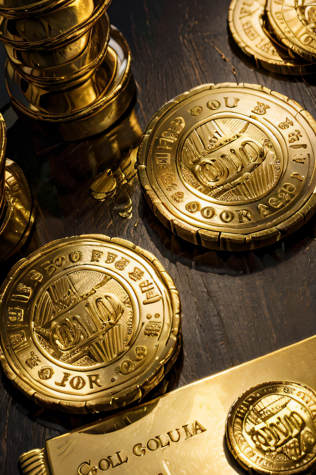There are two gold bars and some coins on a table, ouro e tesouro, no fundo do ouro, metais de ouro, tem ouro, gold encrustations, gold and silver and brass, pairando sobre uma horda de ouro, com muitas moedas de ouro, moedas de ouro, ouro e prata, segurando ouro, parcialmente ouro, dourado com ouro, metais preciosos