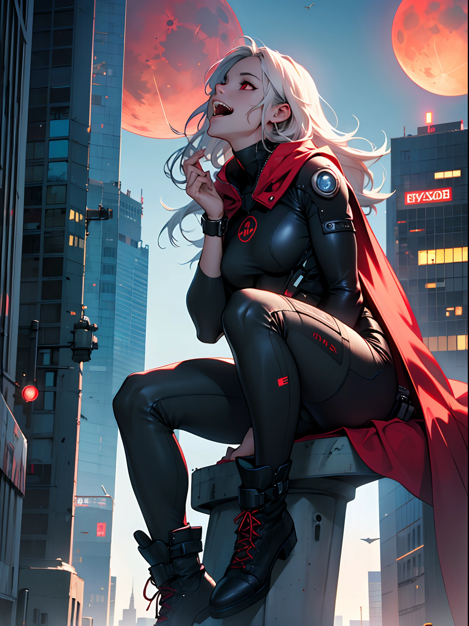 (best quality), (masterpiece), (photorealistic), (realistic), hyper detailed, unity 8k wallpaper, highly detailed cg, ray tracking, sharp shadows, great detail, depth of field, super detailed background, Cyberpunk vampire girl, with bright red eyes and pointy fangs. Screaming, enamel bodysuit, cape, pinwheel boots, (sitting on top of skyscraper, she looks up at red moon with an ecstatic expression). :1.6, Future City, atop the city's tallest skyscraper, side shot, wide shot, spire, simulacrum,