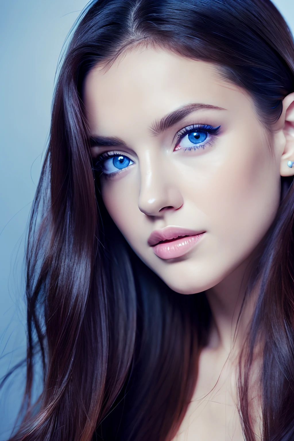 Realistic Woman、Face Barbara Palvin、Hair color is blue、Blue eyes、Longhaire、fulHD、Black background