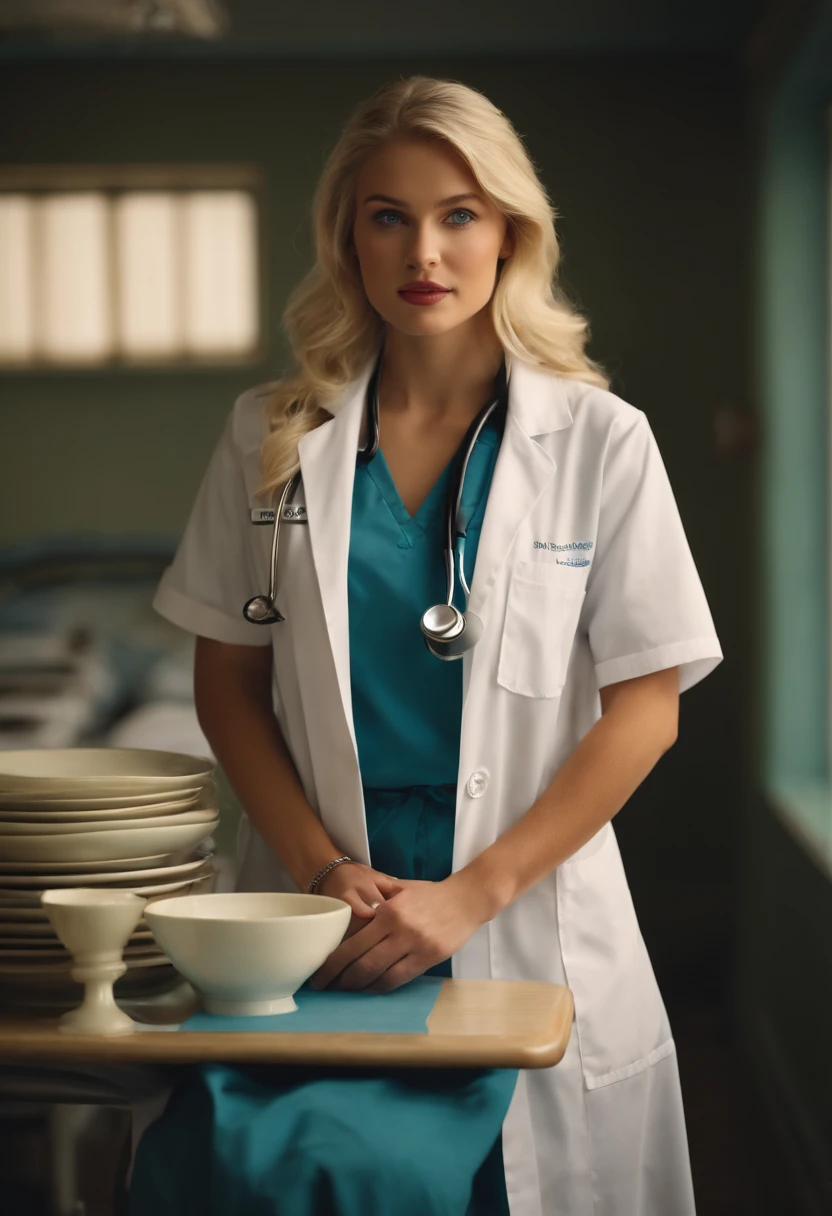 20-year-old blonde American woman with blue eyes dressed as a doctor with her skirt pulled up showing the crockery sitting on the hospital gurney
