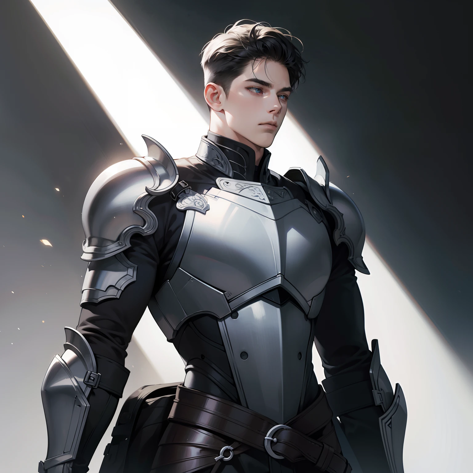 Masterpiece, high quality, best quality, HD, realistic, perfect lighting, detailed body, 1 man, undercut hair, calm expression, black white armor, darkness background.