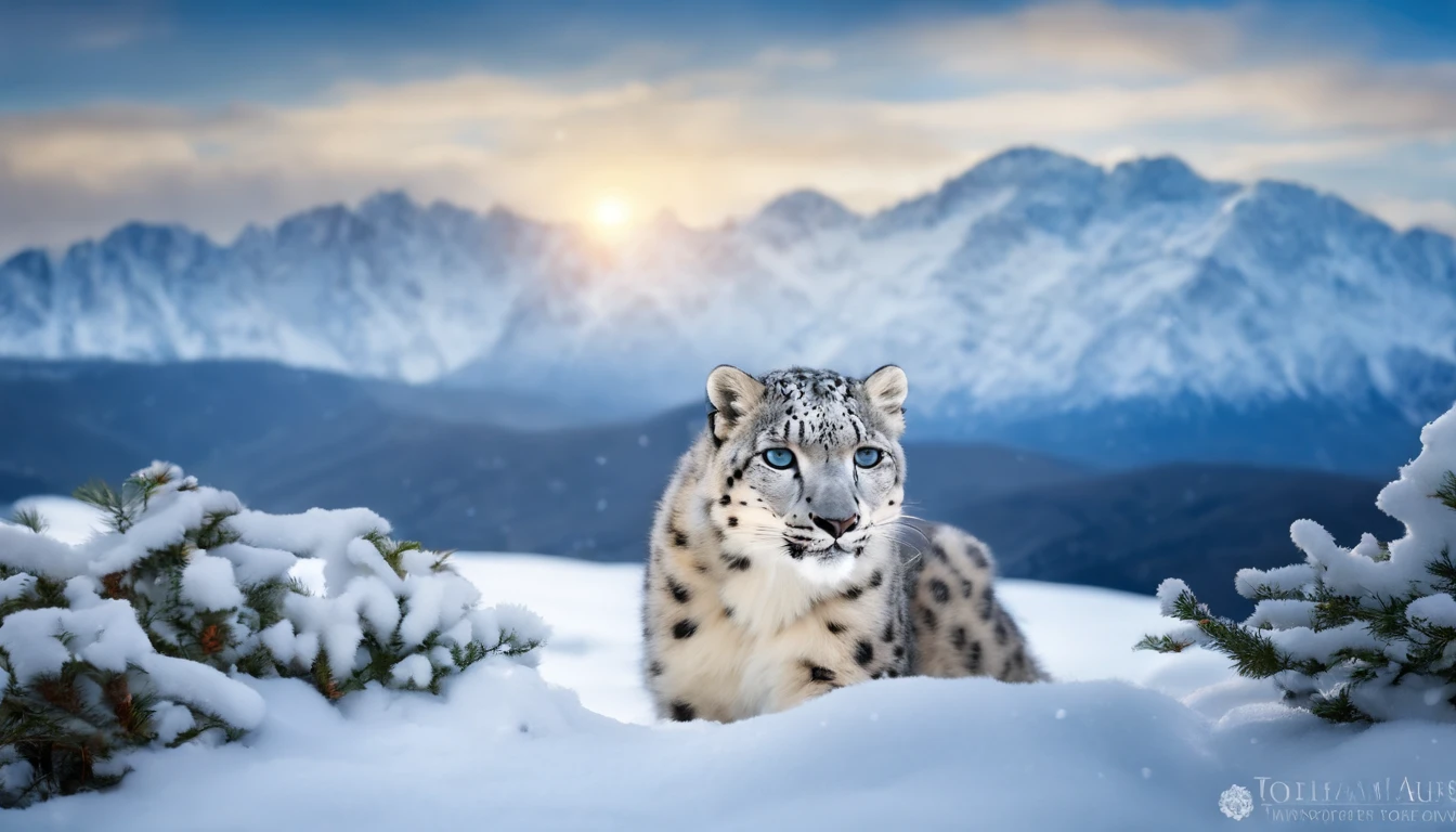 Posters for scientific research journals, Protect the earth's ecology, White snow-capped mountains, Nature views, A cute little snow leopard frolicks in the snow, snowflakes falling, blue open sky, atmosphric perspective, mystical forest, 超高分辨率, Attention to detail