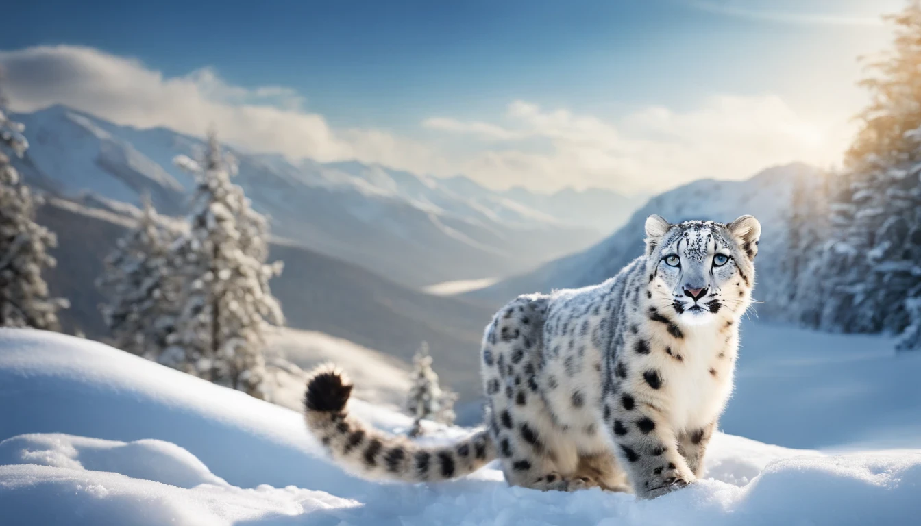 Posters for scientific research journals, Protect the earth's ecology, White snow-capped mountains, Nature views, A cute little snow leopard frolicks in the snow, snowflakes falling, blue open sky, atmosphric perspective, mystical forest, 超高分辨率, Attention to detail