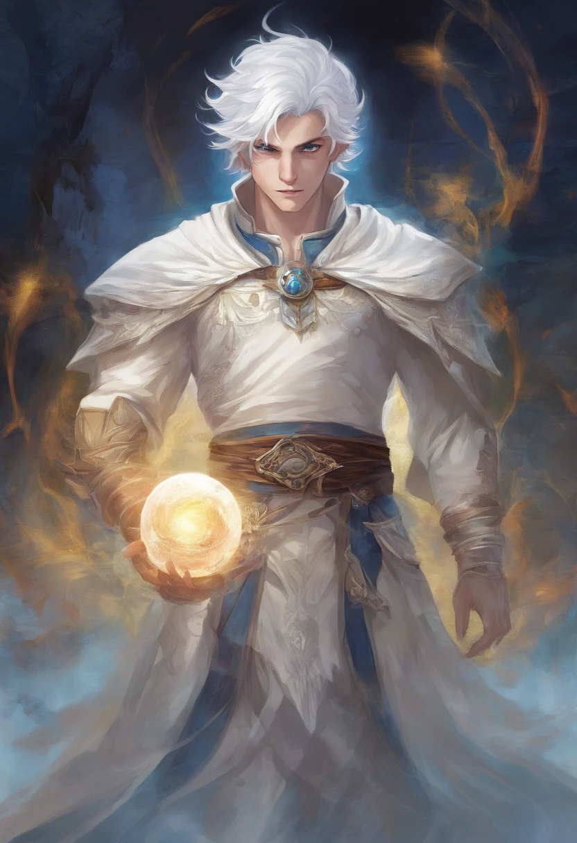 fantasy short white haired cleric, young adult boy, dungeons and dragons style, realistic, light power, 80’s dark fantasy, tired eyes, blue eyes, searing holy light