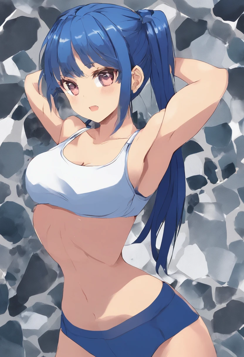 Dark blue single ponytail muscular woman desperately pressing huge stones with muscular pectoral muscles, Phlebocellosis, Screaming, Do all in one's power。, full of sweat, gritting teeth, 。Get in toning poses in your private gym,Breast leakage can hardly hold on