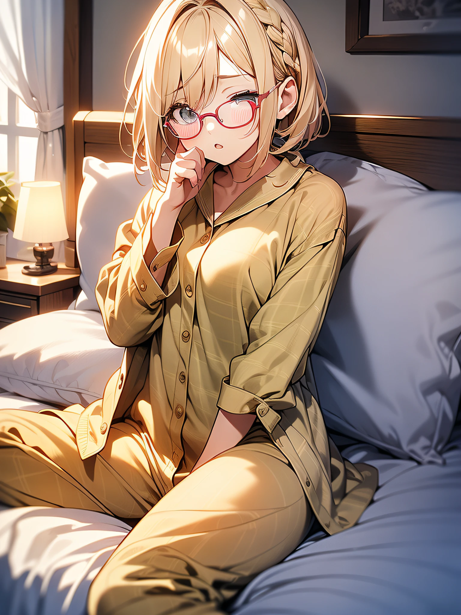 in 8K、top-quality、masterpiece、ultra-detailliert、Ultra-high resolution、((1 persons))、girl with、a blond、a short bob、Ragged hair、Big round lens glasses、Plaid pajamas、Sit on the bed、((sleepy))、((yawns))、((natta))
