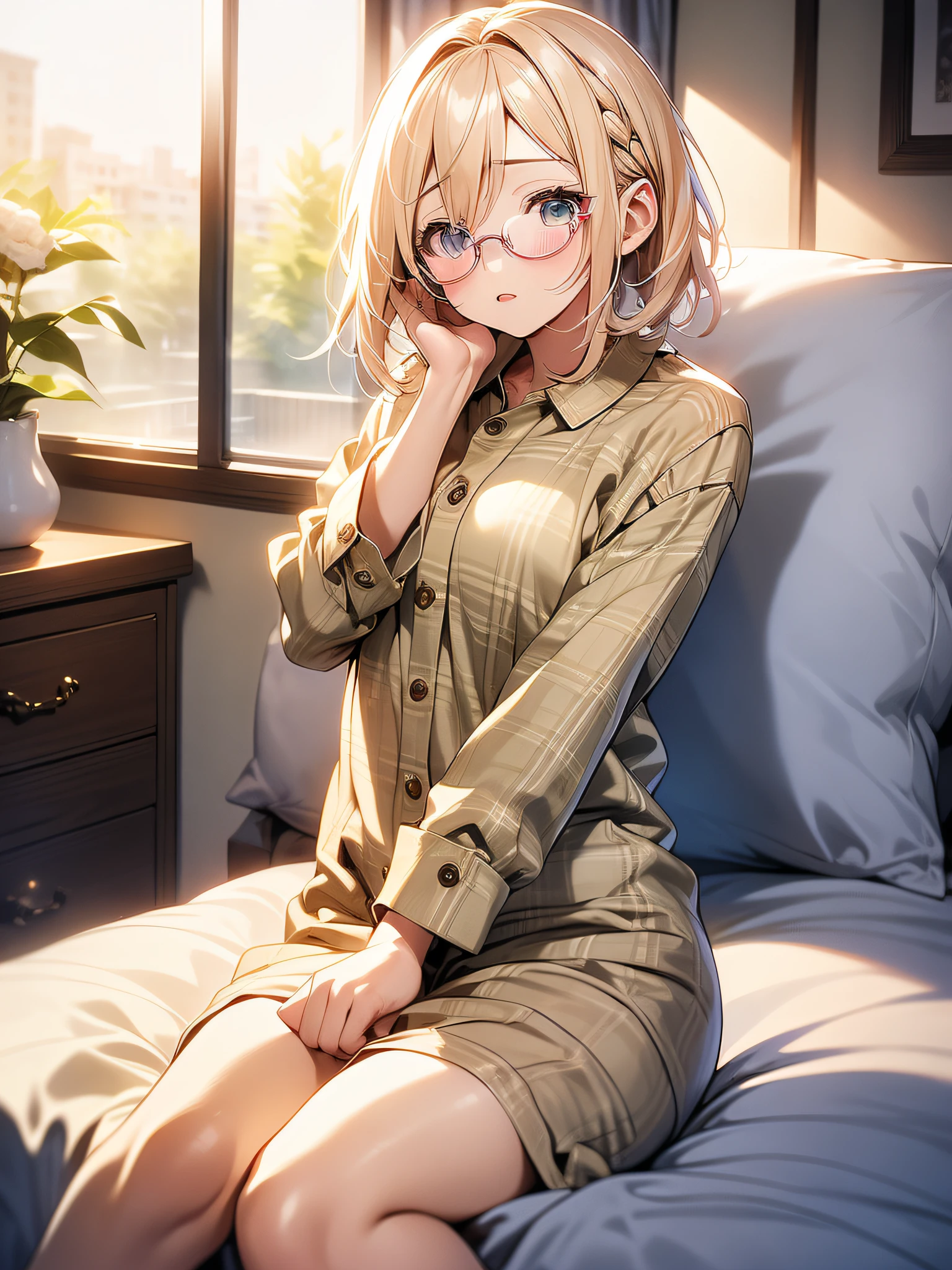 in 8K、top-quality、​masterpiece、ultra-detailliert、Ultra-high resolution、((1 persons))、girl with、a blond、a short bob、Ragged hair、Big round lens glasses、Plaid pajamas、Sit on the bed、((sleepy))、((yawns))、((natta))