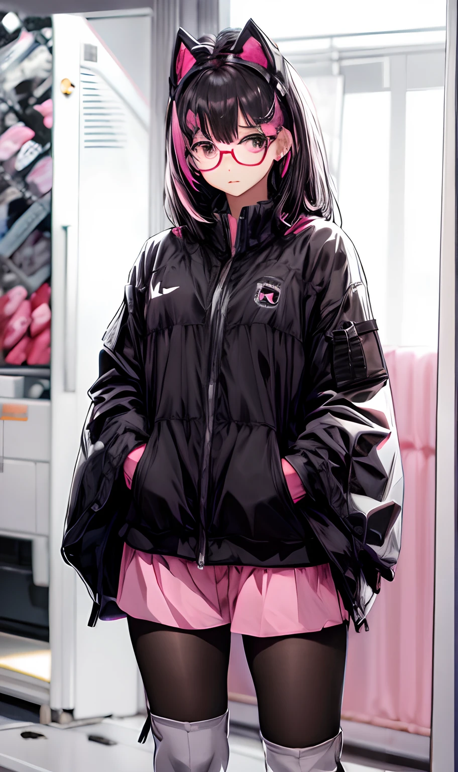 Glasses、eye glass、Pink and black hair colors、Black clothes、Black skirt、pistols、Holding a handgun、white sock、