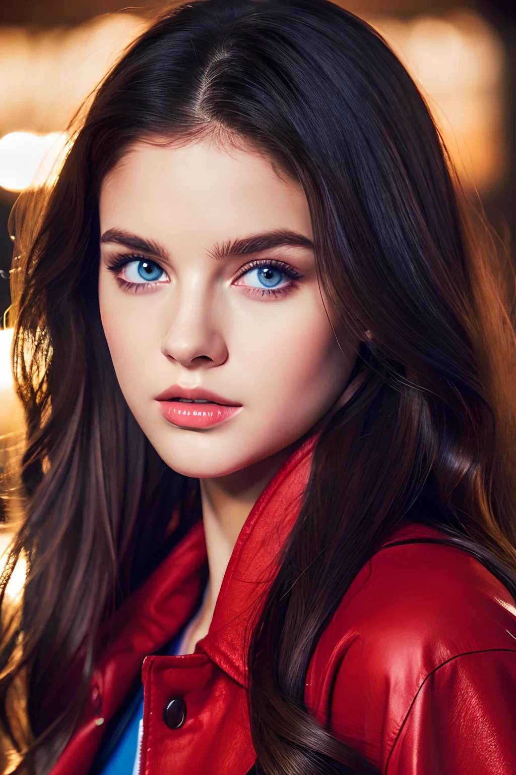 Face Barbara Palvin、Realistic Woman、A dark-haired、Longhaire、Blue eyes、Red jacket、fulHD