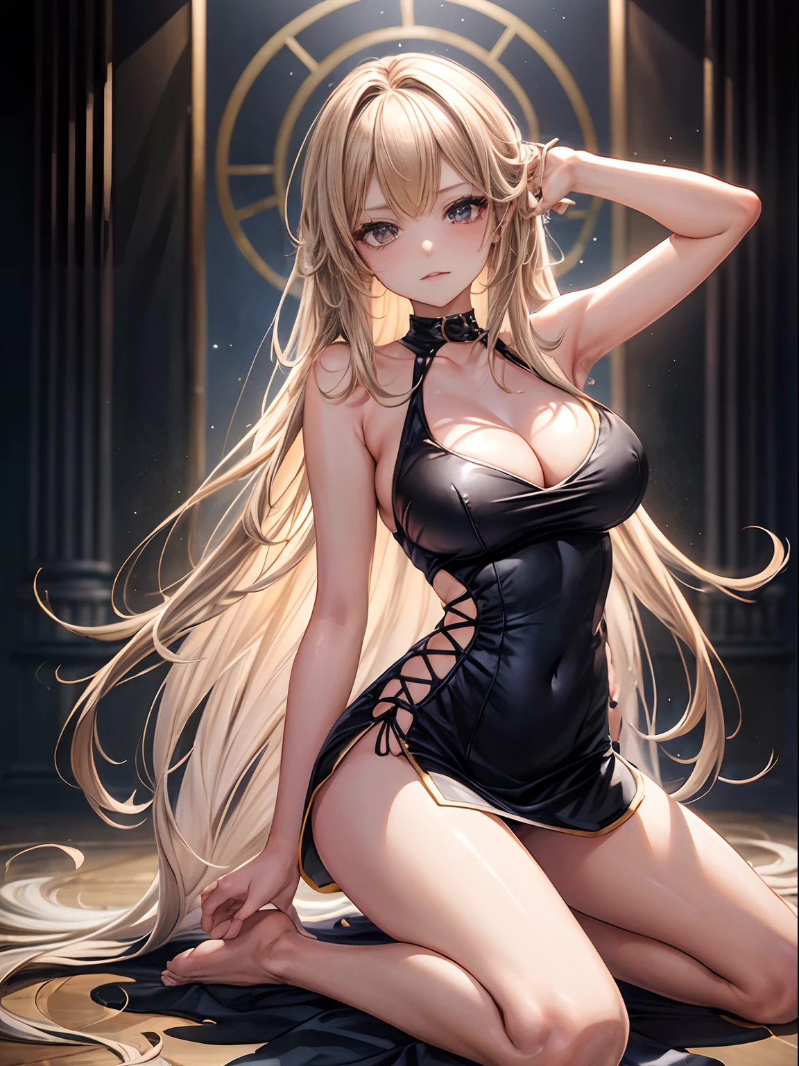 top-quality、Full limbs、complete fingers、one beautiful women、Beautiful Large Breasts、Longhaire、straight haired、blondehair、((Black One Piece Dress、a miniskirt))、Naughty Poses、Raw feet、Sit up、Kneeling