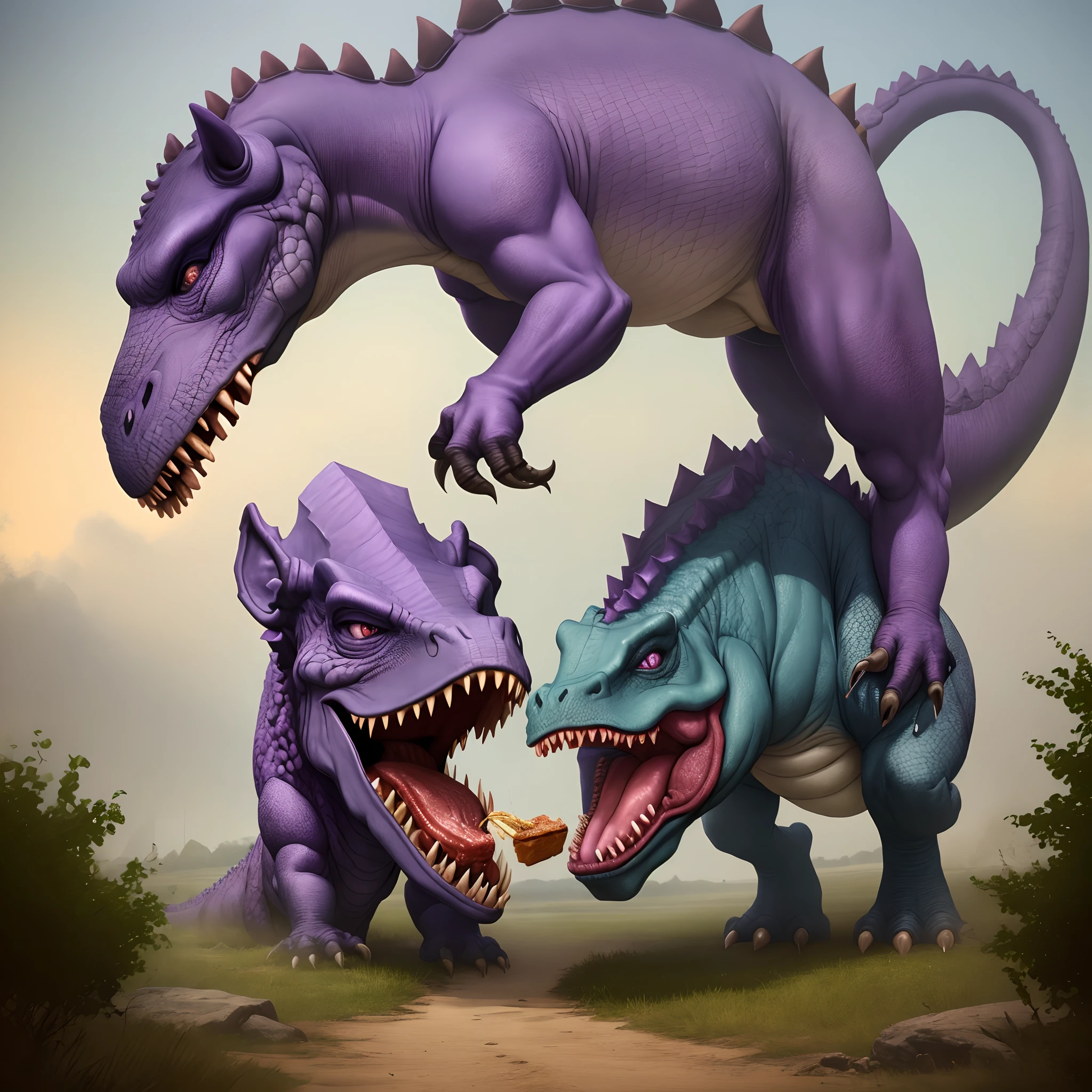 Purple dinosaur eating another dinosaur