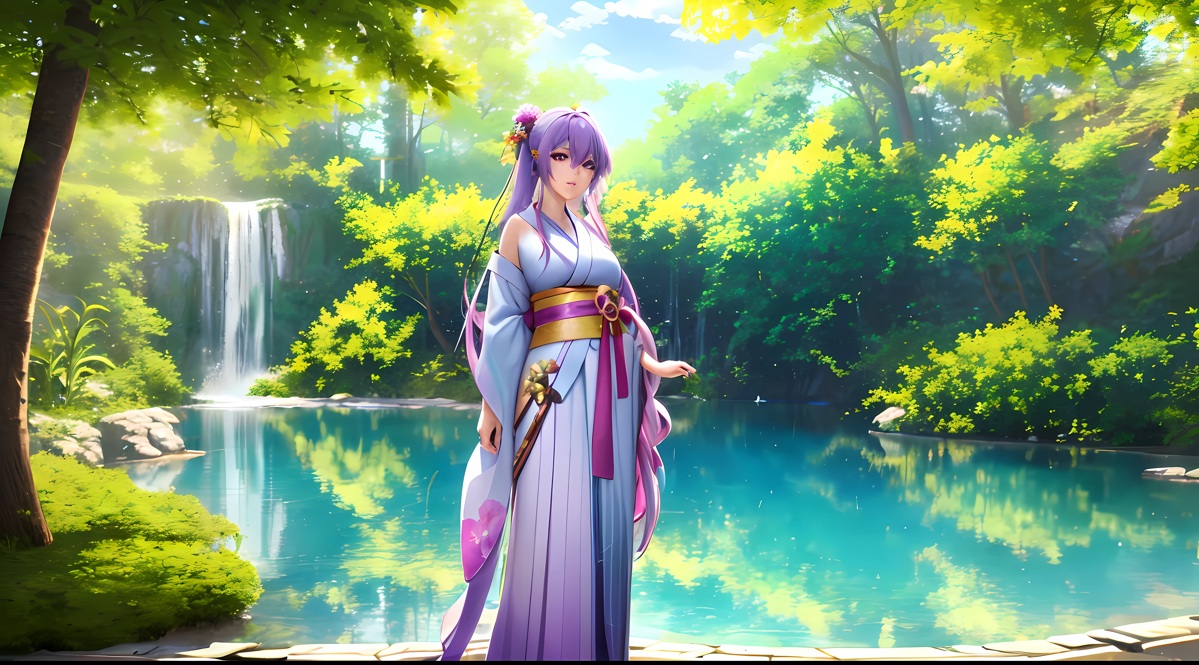 Athena with plain long light purple hair,hair between eyes,green eyes,rosy cheeks,full lips,thin eyebrows,slender body,wearing flowers kimono and full long skirt,cute anime girl,full body,jungle with waterfall in background,anime style,Lumen Reflections,Screen Space Reflections,Diffraction Grading,Chromatic Aberration,GB Displacement,Scan Lines,Ray Traced,Anti-Aliasing,FXAA,TXAA,RTX,SSAO,Shaders,OpenGL-Shaders, GLSL-Shaders,Post Processing,Post-Production,cell Shading,Tone Mapping,CGI,VFX,SFX,insanely detailed and intricate, 4K,standing, solo, masterpiece, best quality, detailed face, detailed eyes, highres, standing, solo,masterpiece, best quality