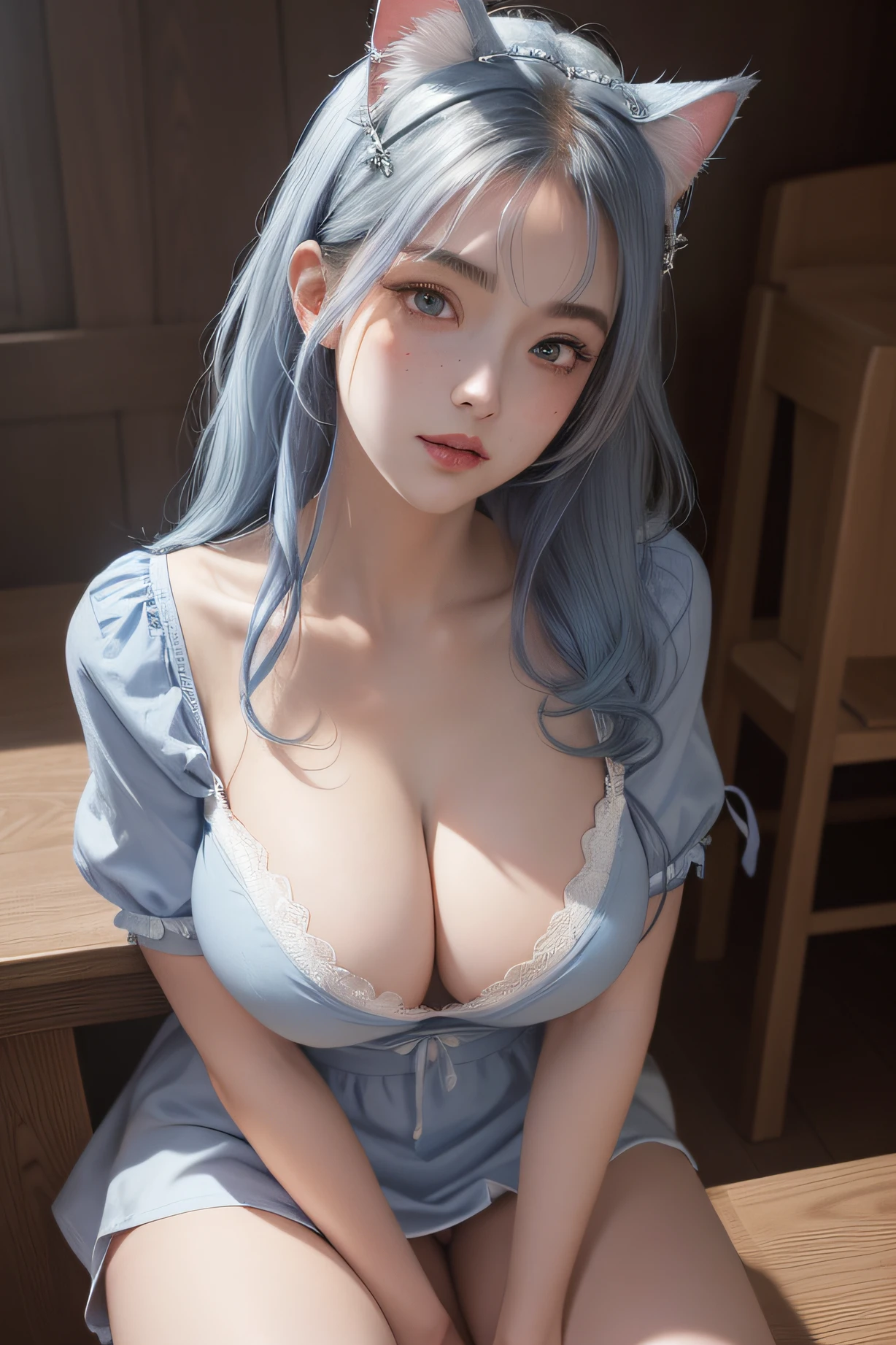 1girll， 独奏， nedium breasts， looking at viewert， Be red in the face， short detailed hair， eBlue eyes， hair adornments， shift dresses， Ribbons， Huge breasts，DEEP-V COLLAR，Open chest，Upper chest， blue hairs， Hair ribbon， exteriors， No sleeves，Expose your arms to the sky， daysies， Hair is more than one eye， aprons， blue-sky， maidennurse， maid headdress， x hair ornamen， pink ribbons， Rossvale Mansion maid uniform，Young European and American women，Bigboobs，Upper chest，Expose the genitals，Tinif Blue，blue hairs，Gradient color hair，Cat ears，Stretch meat，stocklings，Wide thighs，cleavage，HD bell collar，true to life，Lace，Top quality，tmasterpiece，one-girl，Wavy gray hair，paleskin，Cat ears，Cat eyes，Moles under the eyes，Thick eyebrows，Thick lips，scar across right eye，freckle，in class room，Lori huge breasts cleavage，Small waist，Wide thighs，thigh gap，Exposing thighs，熟妇 ，secretary，mature，cinmatic lighting （RAW photogr：1 girlirl.2 pcs），（true to life：1 girlirl.4 pcs），beautiful details girl，very detailed eyes and faces，beatiful detailed eyes，Moody smile，hugefilesize，ultra - detailed，k hd，The original E is very detailed，best qualtiy，tmasterpiece，kemomimi，（（Japan Girls' High School）校服））， illustratio， The original E is very detailed， CG， unified， 8k wallpaper， breath-taking， finedetail， tmasterpiece， best qualtiy， Highly detailed CG uniform 8k wallpaper， face illuminated，cinmatic lighting， ， primitive，tmasterpiece，ultra fine photos，，best qualtiy，超高分辨率，Photorealistic and realistic，Breathtakingly beautiful，dynamicposes，s delicate face，Vibrant eyes，milkyW，highly detailedskin，Realistic details of skin，，8K  UHD，digital SLR camera，high qulity，White skin of the，squatt，Squat toilet，urine，spread thighs，spread their legs，looking at viewert，Frontal photo