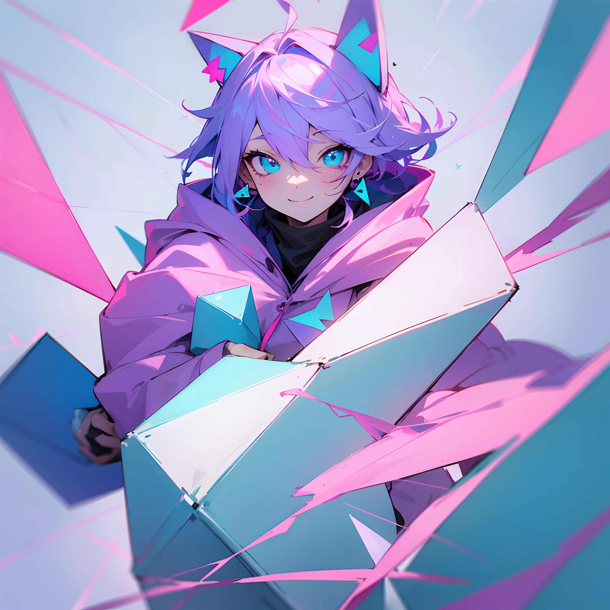 A light blue cube with semi-transparent pink and cyan hair, lines for eyes, left eye black tear, purple hoodie, white floating triangle ears, pink triangle earrings, smiling, just shapes and beats style