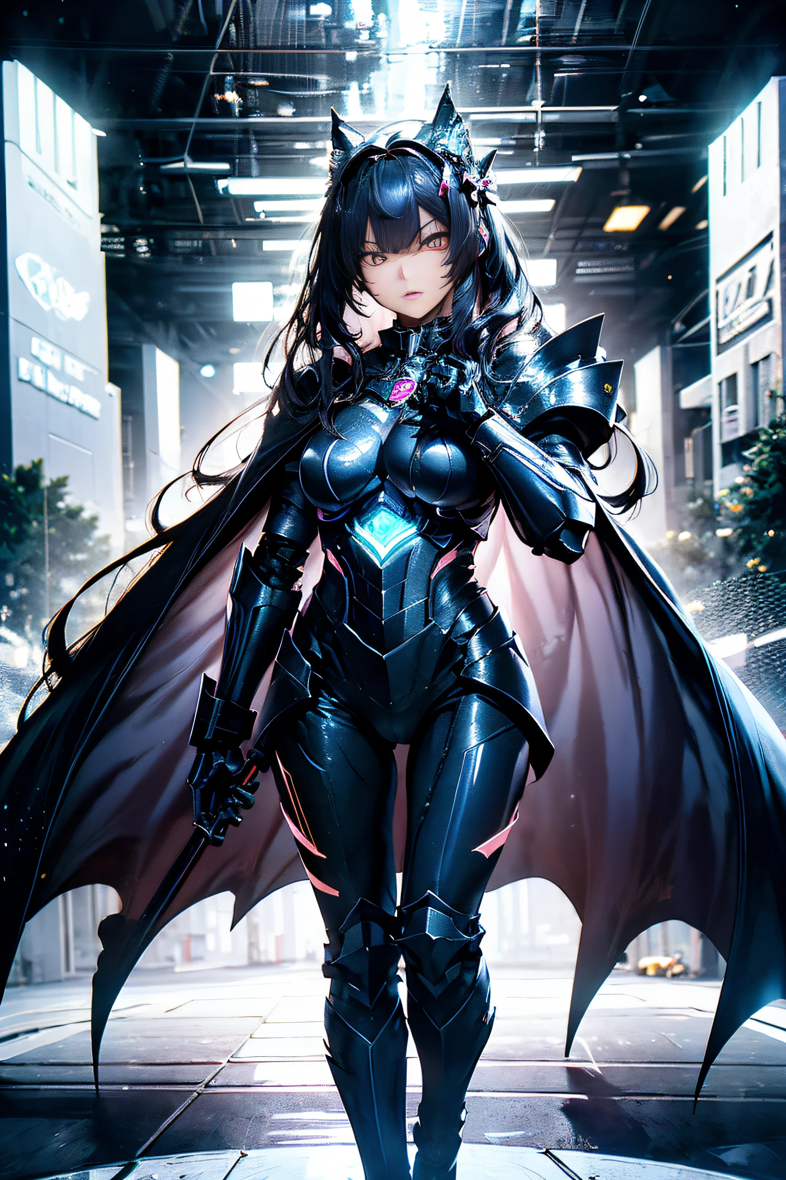 masterpiece, best quality, ultra detailed, (detailed background), perfect shading, high contrast, best illumination, extremely detailed, ray tracing, realistic lighting effects, neon noir illustration, one female, (solo), very long hair, glowing eyes:1.3, (black hair), | perfect hands:1.2, detailed background, ("serious look"), v-shaped head, pink_eyes with a shade of yellow, tight fit armor, full platinum armor, fullbody, standing, (holding a galaxy in her hands), galaxy cape aura, cracking space time, perfect eyes, detailed face, detailed eyes,