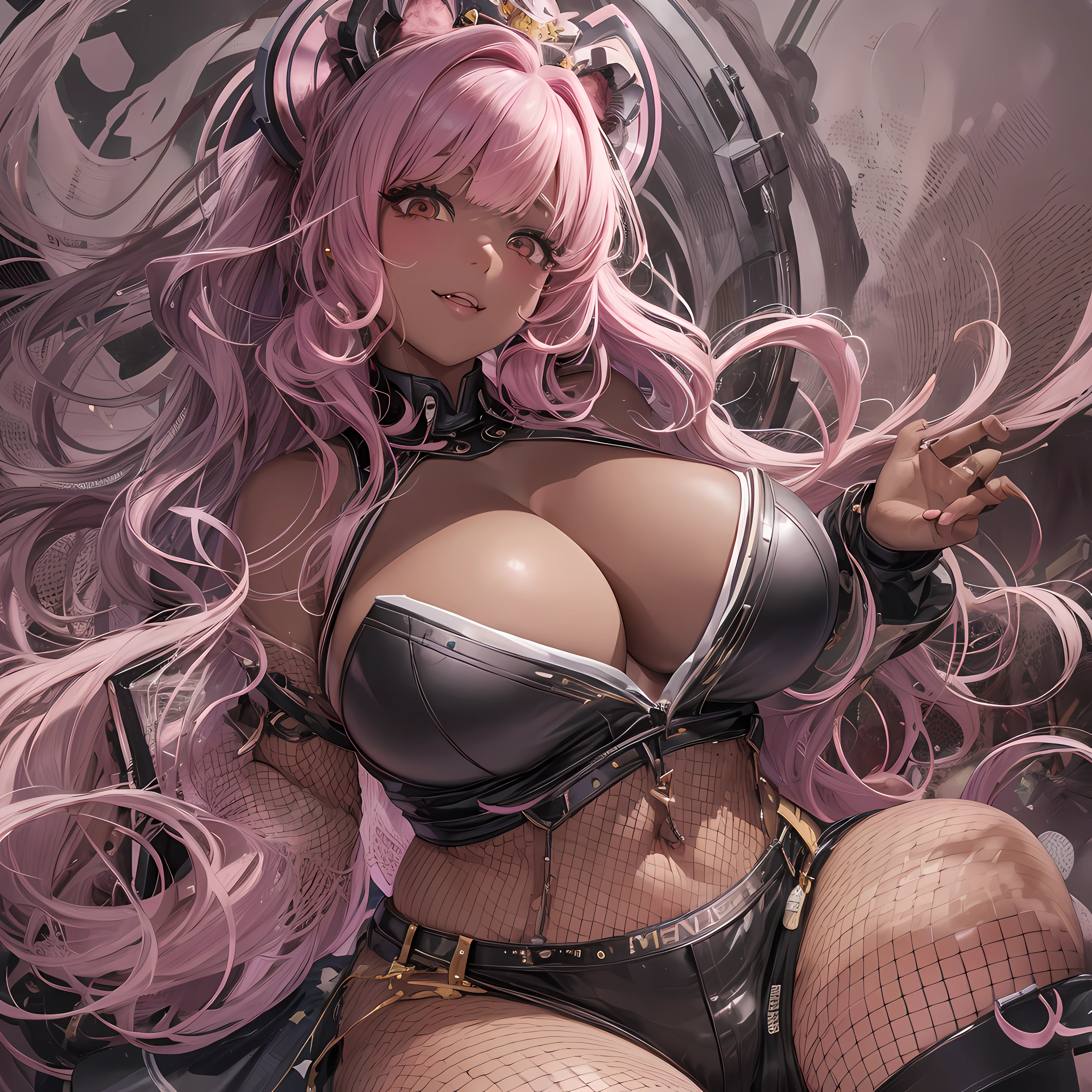 1 girl, big, pink hair, long hair, curly hair, ahoge, blunt bangs, hime cut, side ponytail, ((perfect face)), (((dark skin))), heart-shaped brown eyes, retina, half-closed eyes, fangs, bear ears, huge breasts, cleavage, thick thighs, mole, wide hips, thighhighs, short shorts, lace, seductive smile, super detail, high details, high quality, best quality, highres,