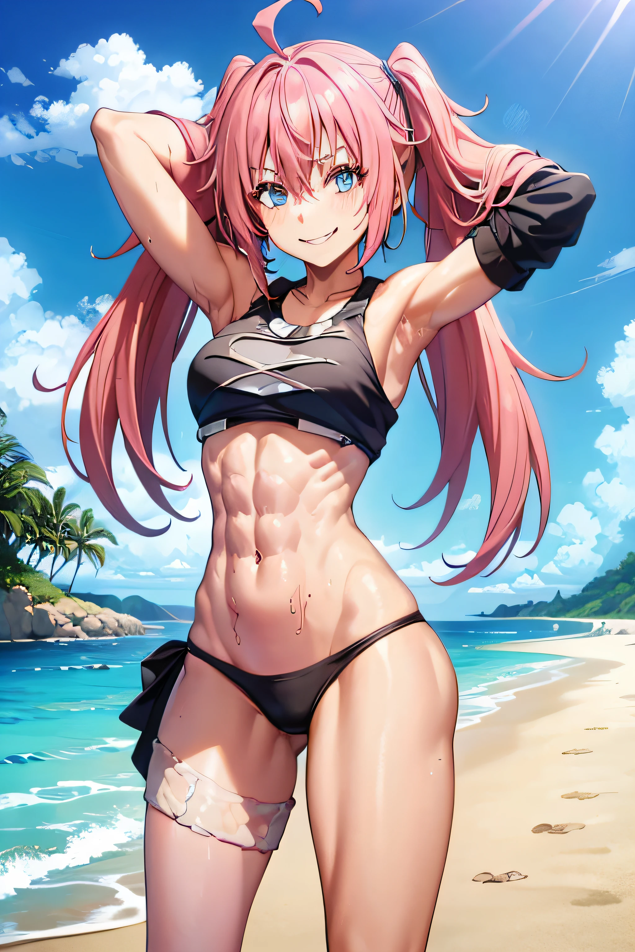 ((female)), (very messy hair), (happy smile), Fangs, ((ripped abs)), toned arms and legs, medium breasts, Excessive sweat, (summer beach scene), bright blue eyes, ( (pink hair)), barefoot, standing