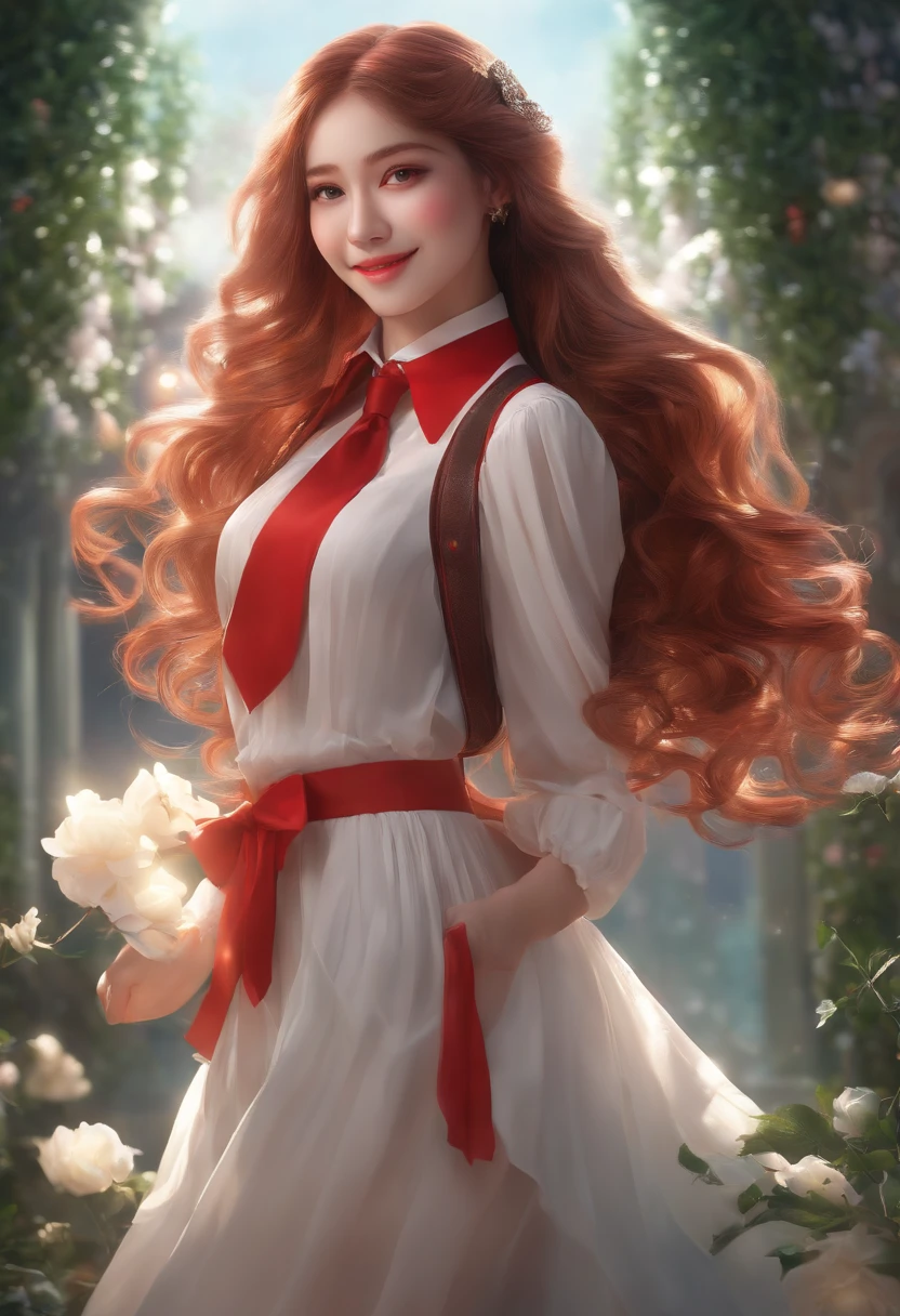 Highly detailed, 8K, masutepiece, 1girl in, Red tie_hair, Dress , Crazy_Smile, (Perfect_Face), Detailed_Background, full_Body, bloom,(Beautiful lighting:1.3), Caustics, Dynamic lighting, from a_Below