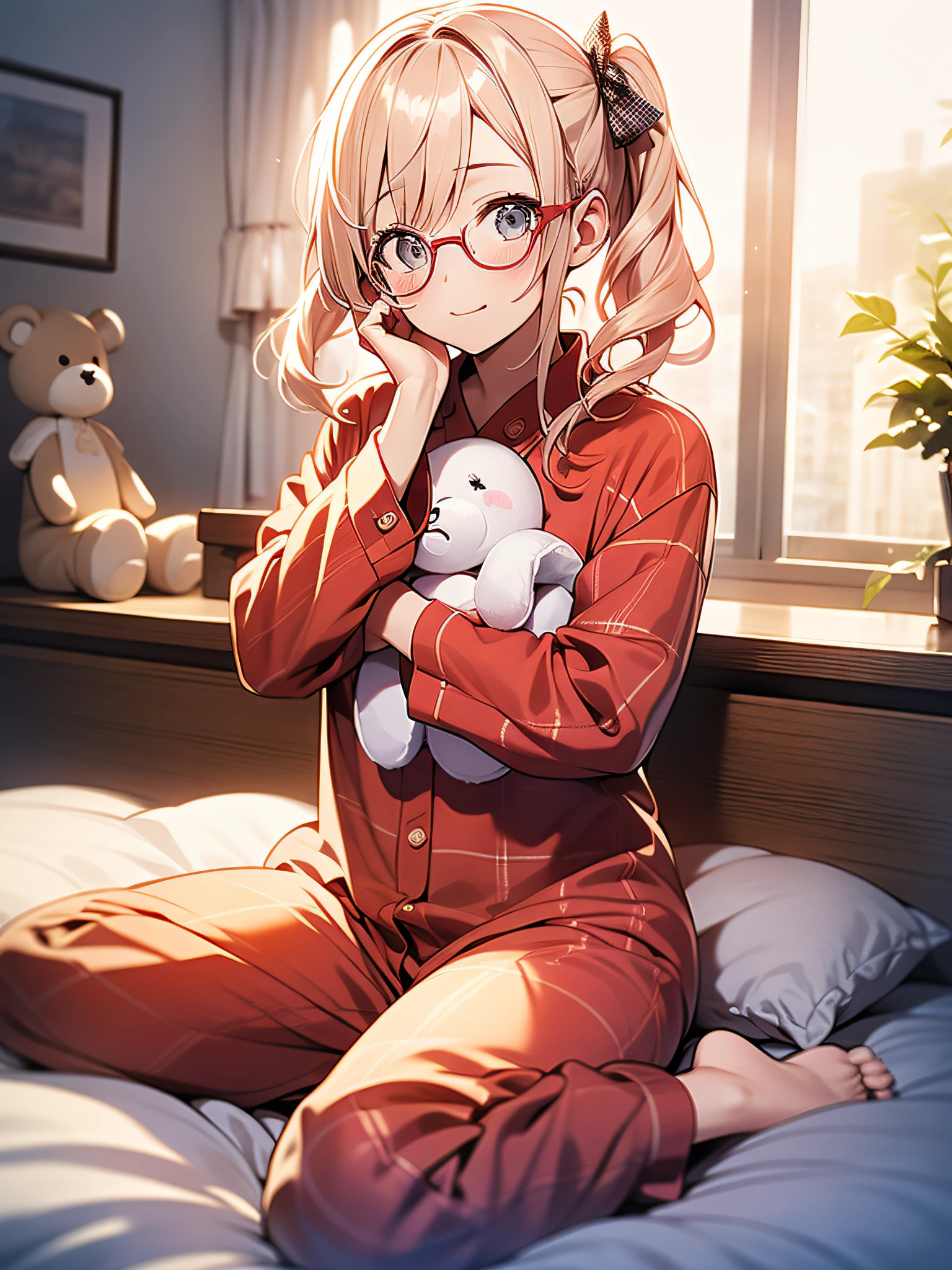 in 8K、top-quality、masterpiece、ultra-detailliert、Ultra-high resolution、((1 persons))、girl with、a blond、Twin-tailed、Ragged hair、Big round lens glasses、Plaid pajamas、Sit on the bed、Put your hand in your pants、((natta))、plushies