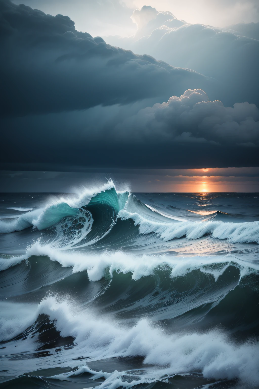 Photo of storm RAW in the midnight sea，small detailed，realisticlying，ultra real photo，8K  UHD，Digital SLR，softlighting，high high quality，filmgrain，Fujifilm XT3，（tmasterpiece），A small amount of land，Simple