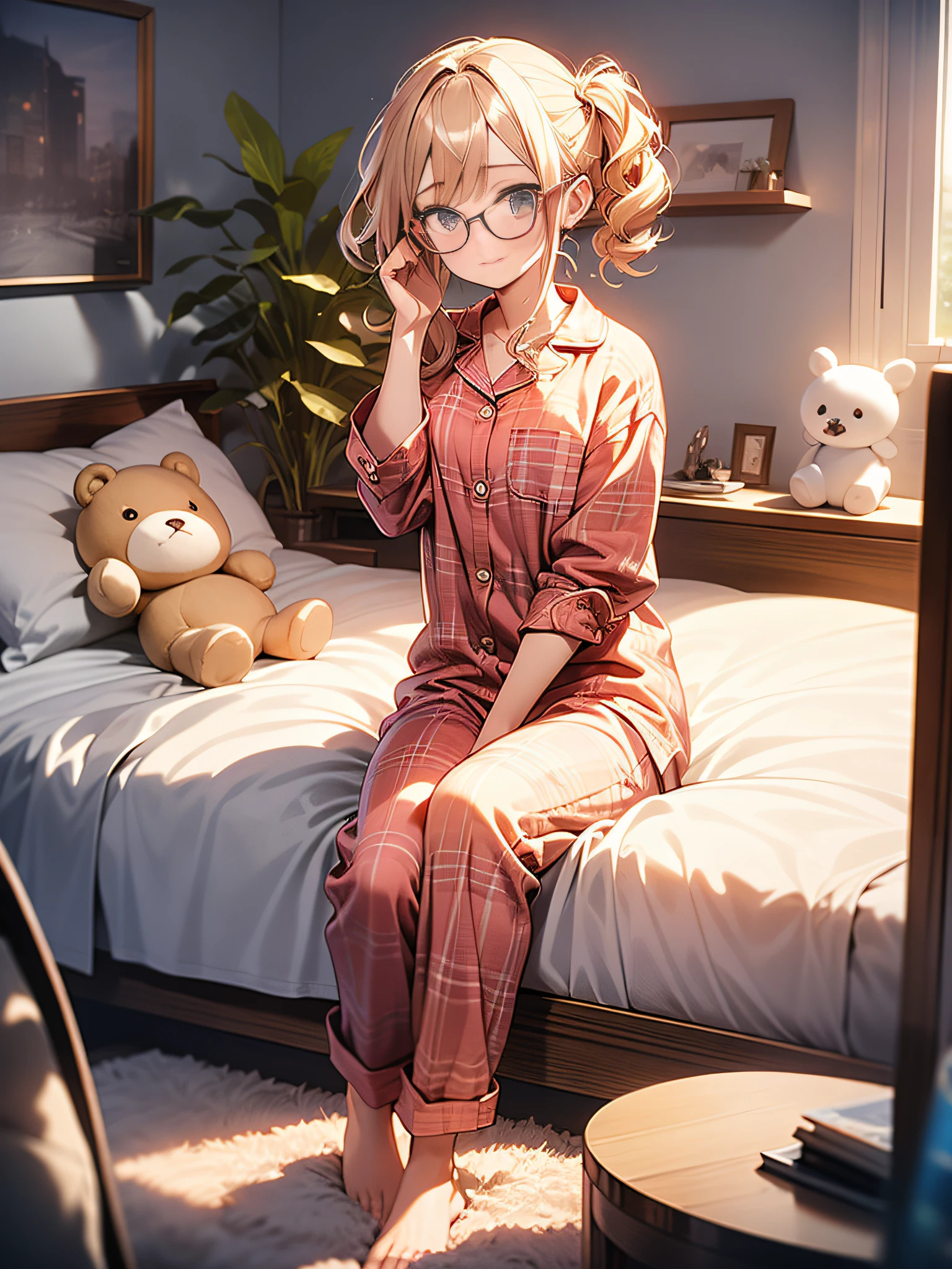in 8K、top-quality、masterpiece、ultra-detailliert、Ultra-high resolution、((1 persons))、girl with、a blond、Twin-tailed、Ragged hair、Big round lens glasses、Plaid pajamas、Sit on the bed、Put your hand in your pants、((natta))、plushies