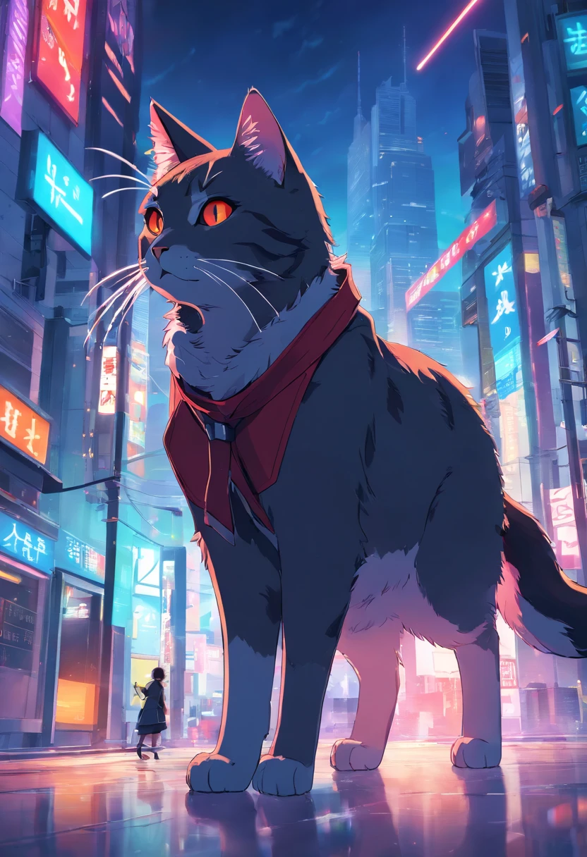 A bipedal cat with grey and black fur, Carrie’s a giant battle ax, wears a adventurous out fit with a leather coat, has a red aura that strengthens him, Anime Key Visual, by Makoto Shinkai, Deep Color, Intricate, 8k resolution concept art, Natural Lighting, Beautiful Composition
