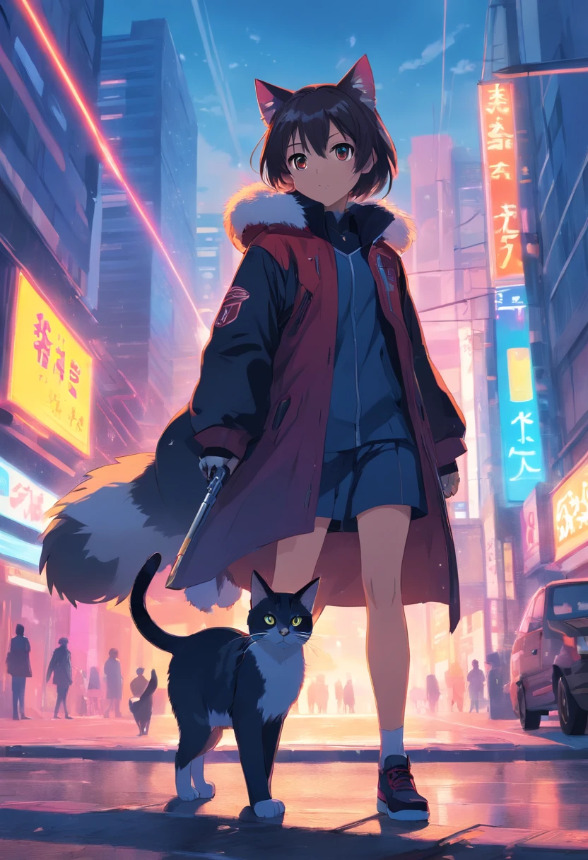 A bipedal cat with grey and black fur, Carrie’s a giant battle ax, wears a adventurous out fit with a leather coat, has a red aura that strengthens him, Anime Key Visual, by Makoto Shinkai, Deep Color, Intricate, 8k resolution concept art, Natural Lighting, Beautiful Composition