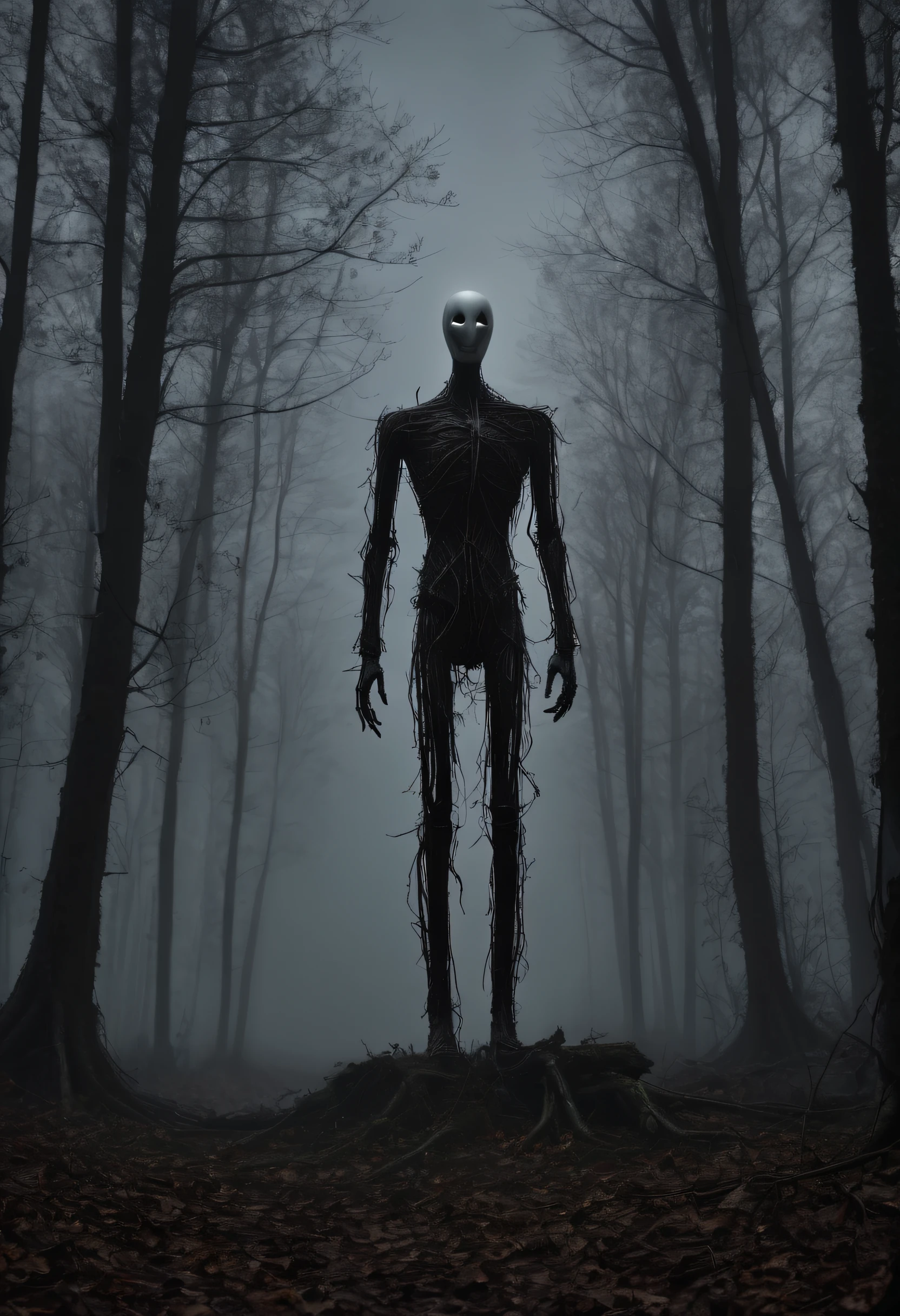 a detailed photo of slenderman in the foreground, in the woods, (fog:1.2), in the night, (dark ambiance:1.3), pov, scary, lugubrious, misterious, centered, mystical, masterpiece, best quality